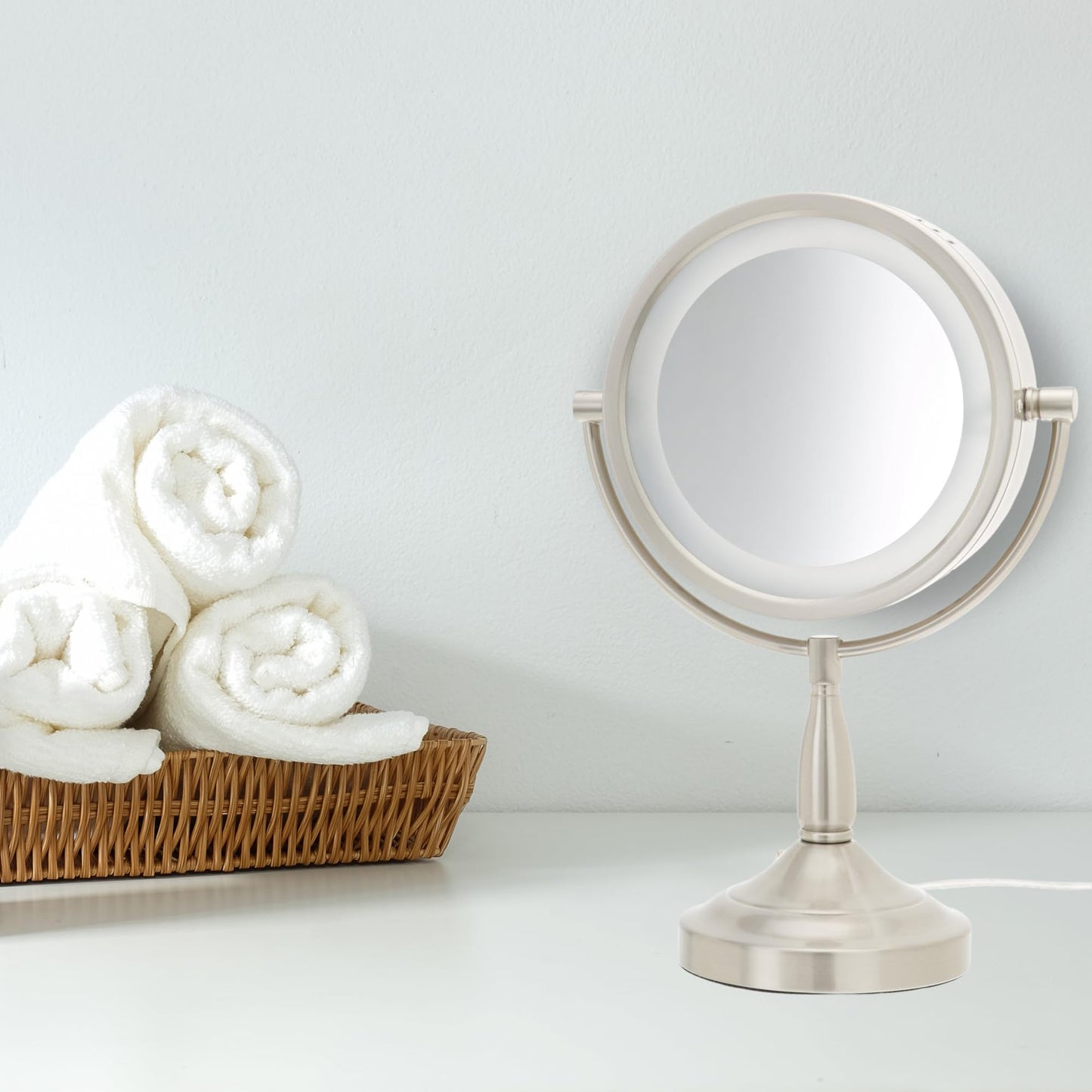 JERDON LED Lighted Tabletop Vanity Makeup Mirror – 8.5” Diameter with 7X-1X Magnification – Nickel Finish – Power Cord and Plug – Model LT856N