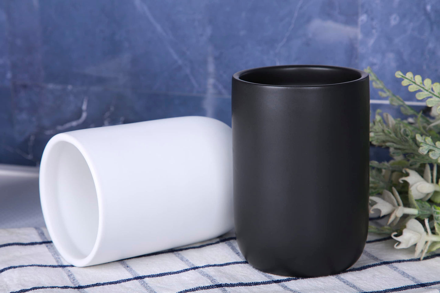 CAZAGA Ceramic Toothbrush Holders for Bathrooms, 8 oz Matte Tooth Brushing Dispenser, Small Tooth Brush Organizer for Vanity Countertop, Toothpaste Storage Stand, Tumbler Cup for Makeup Brushes-Black