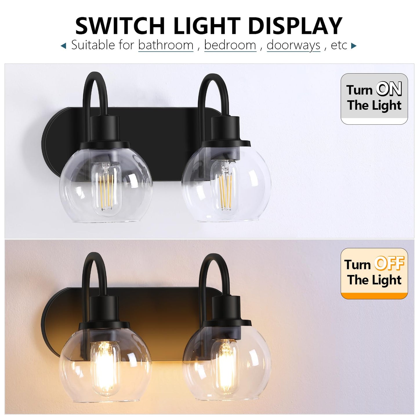 Dpyrrhic Modern 2-Light Vanity Light, Bathroom Lighting Fixture Over Mirror With Clear Glass Shade and Metal Base, Matte Black Wall Mounted for Bathroom