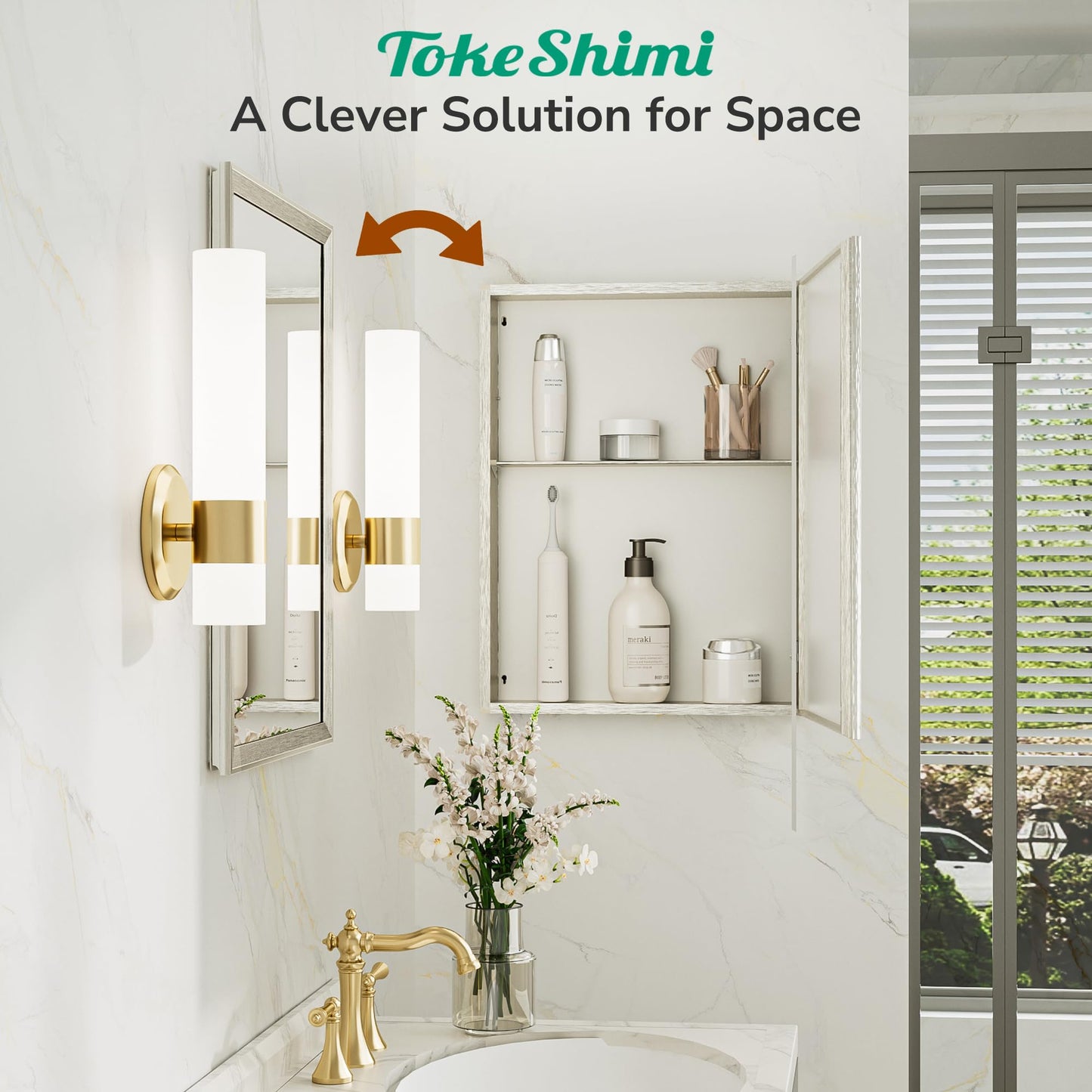 TokeShimi 14 x 24 Brushed Nickel Recessed Medicine Cabinet with Mirror, Assembly Required, Bathroom Medicine Cabinet with Mirror, Stepless Adjustable Shelves, Beveled Aluminum Frame, DTC Hinge
