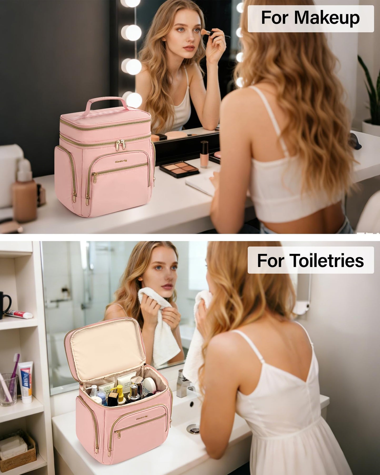 Hanke Large Toiletry Bag for Women Travel, Double Layer Organizer with Wide Opening for Full-Size Cosmetics & Toiletries, 12.2L Water-Resistant Makeup Bag,Pink