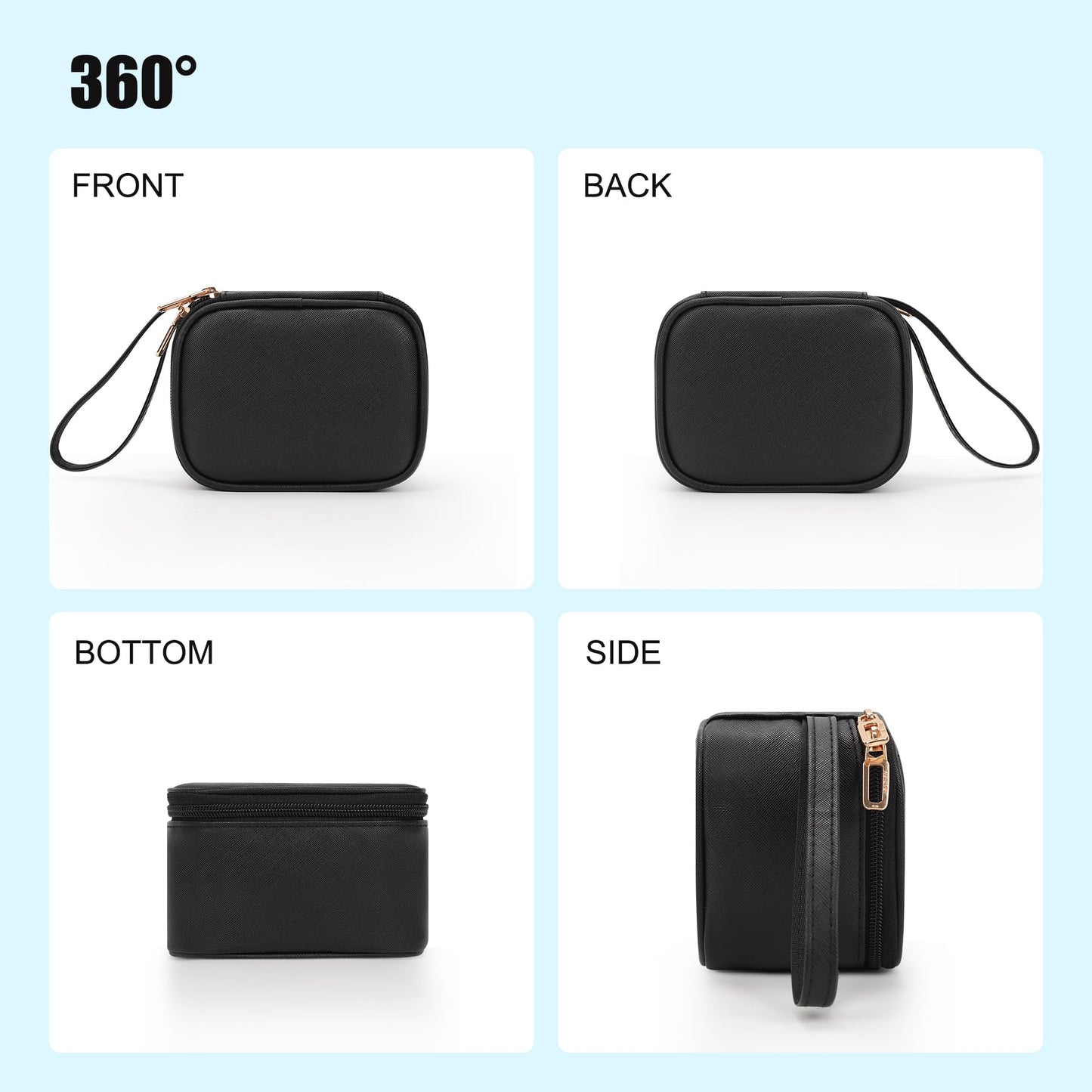 Relavel Mini Makeup Bag with Led Mirror, Small Cosmetic Bag with 3 Light Modes, Rechargeable Portable Makeup Pouch with Hands-Free Wrist Strap for Pool Parties丨Work Touch-Ups丨Travel - Black