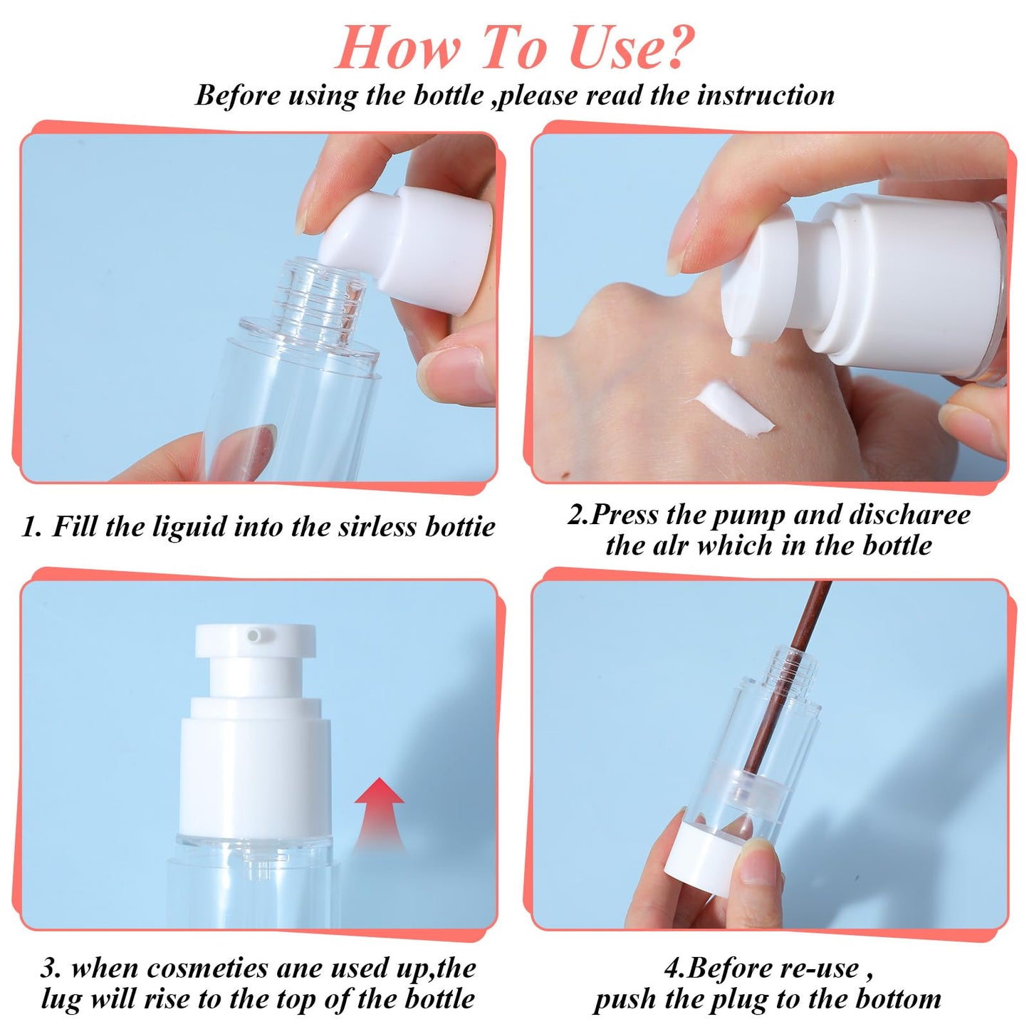 Afcabakila 24 Pcs Clear Airless Pump Bottles Travel Size 1 Oz 30ml Refillable Cosmetic Dispenser Vacuum Plastic Empty Lotion Pump Dispenser Liquid Toiletry Container