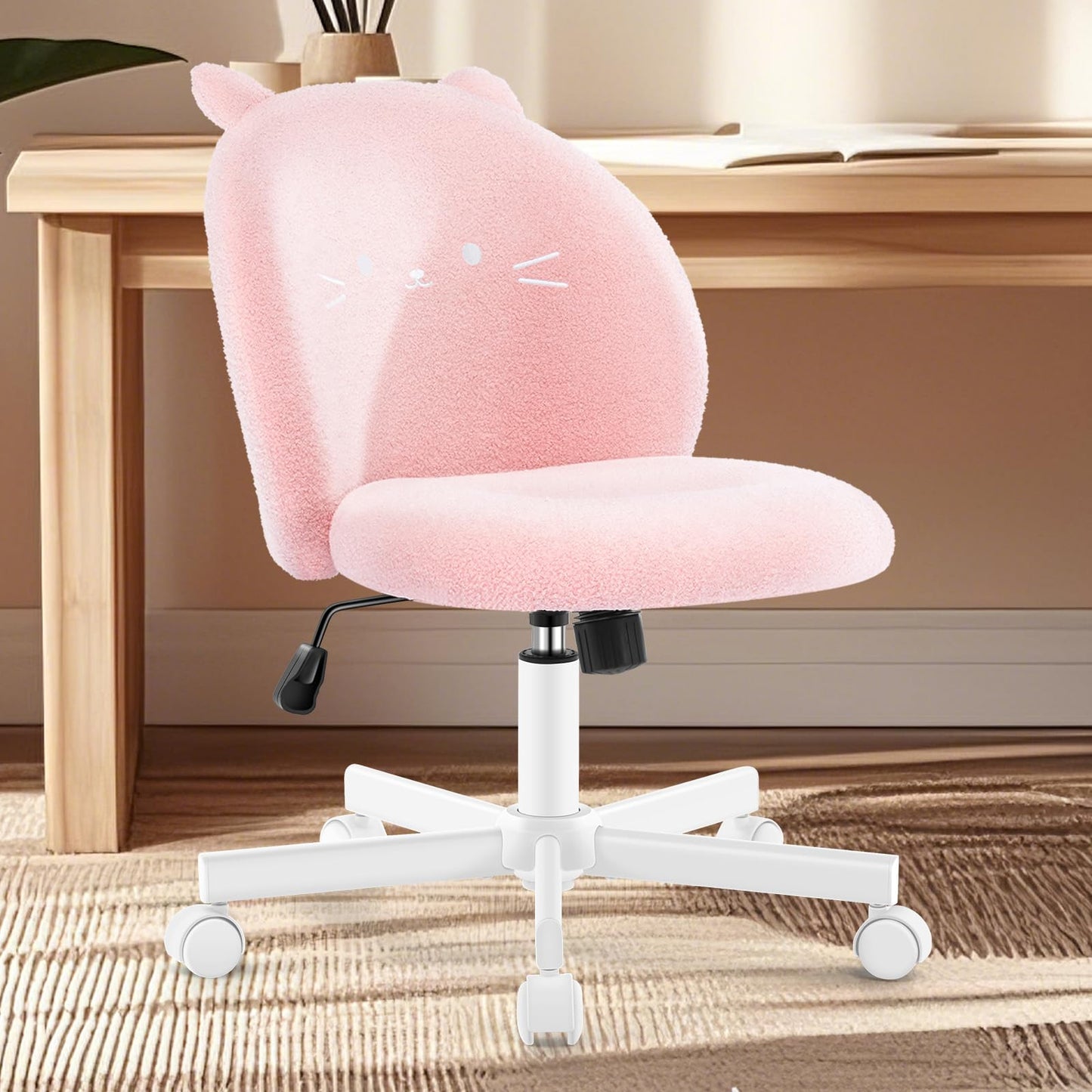 Morkprism Vanity Chair with Cat Back,Armless Desk Chair Cute Small Office Chair,Teddy Fabric Computer Chair with Adjustable Height,120°Tilting,Rolling,Swivel for Vanity,Kids Room,Office,Bedroom Pink