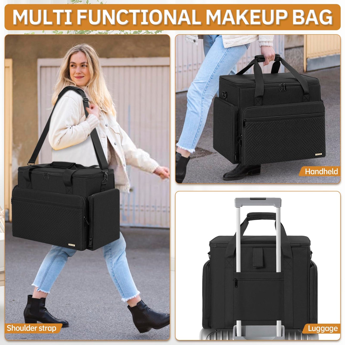 FREEAMG Extra Large Makeup Case with 4 Removable Pouches, Professional Make up Train Case,Travel Cosmetic Bag for Makeup Artist with Shoulder Strap and Handle (Black)(Bag only)