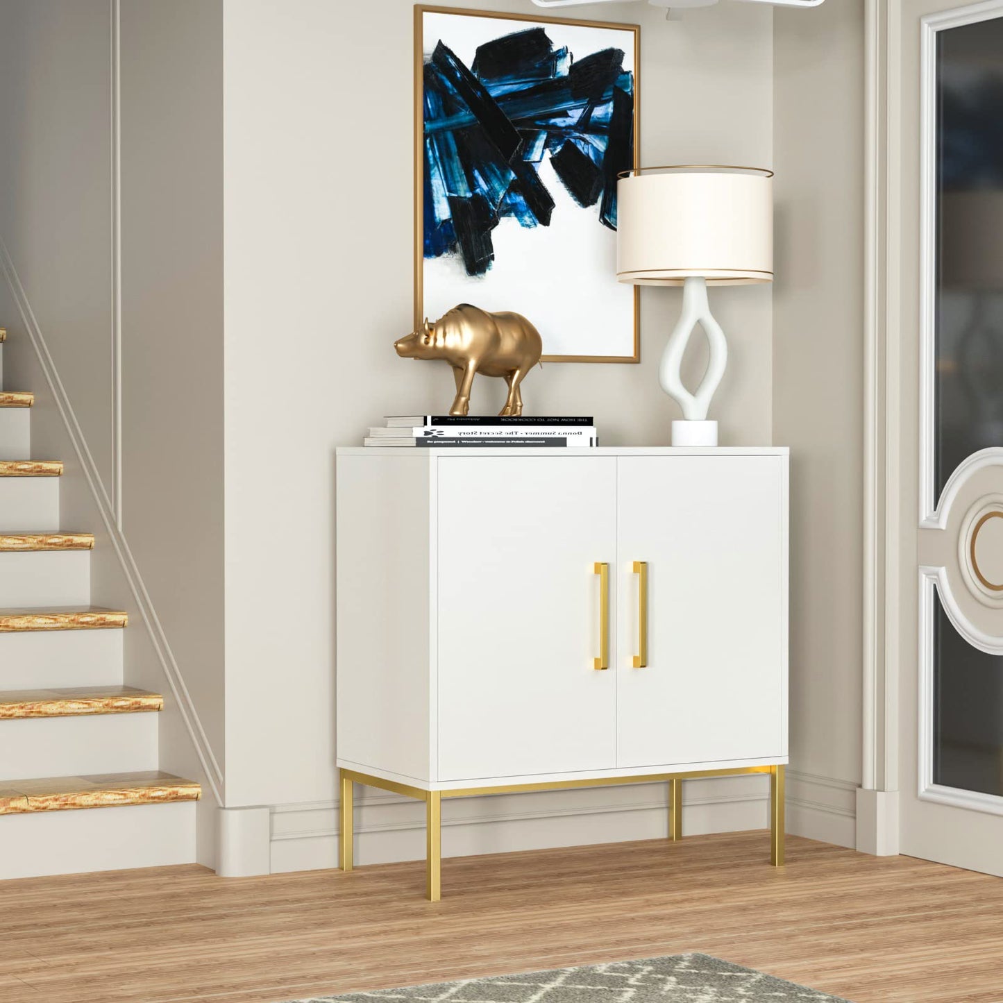 JOZZBY Buffet Sideboard Cabinet with Storage, Modern Wooden Cabinet with Adjustable Shelves, White and Gold Cabinets for Living Room, Kitchen, Hallway
