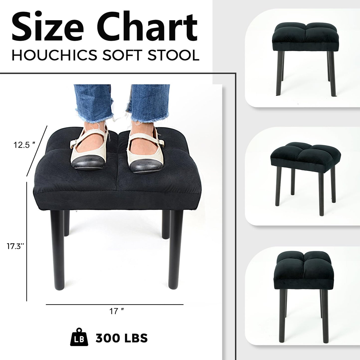 HOUCHICS Black Ottoman Stool, Square Makeup Stool with Wooden Legs, Small Ottoman Stools Chair for Vanity, Modern Padded Sofa Seat Foot Rest Stools(Black)
