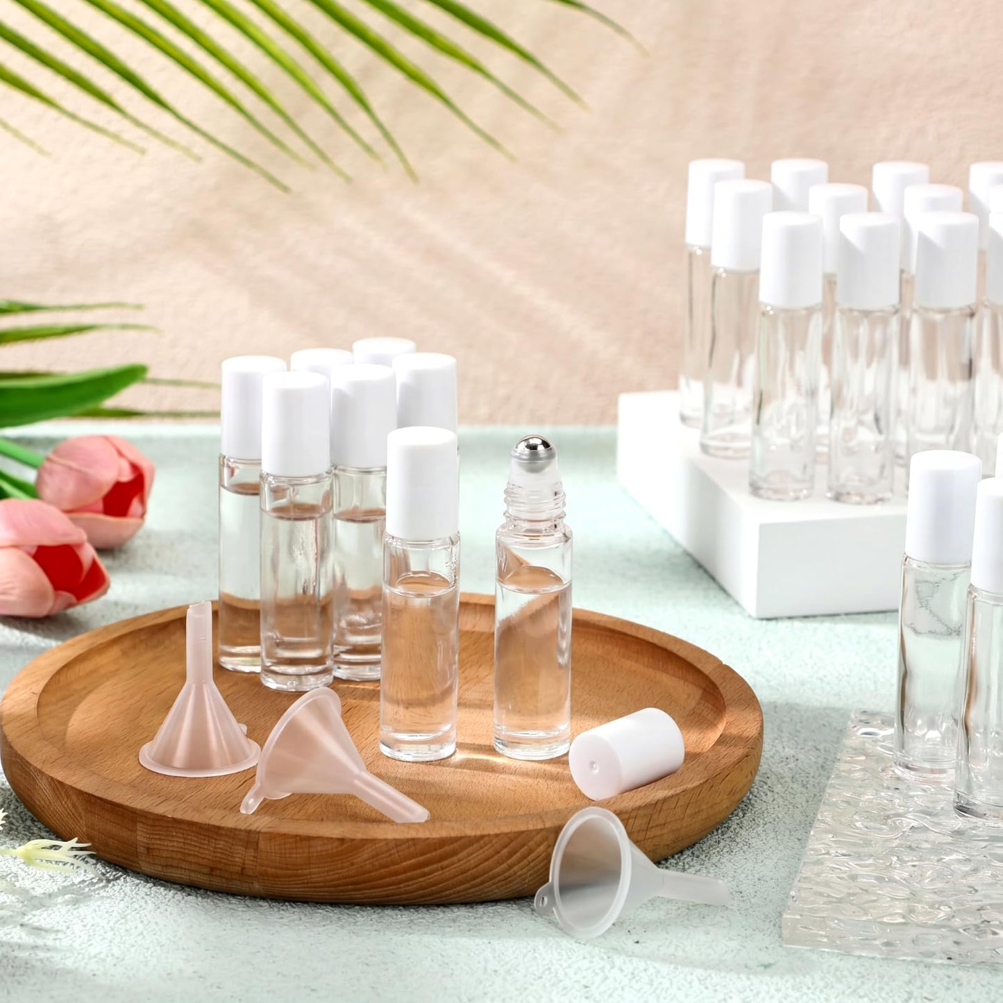 Sumind Essential Oil Roller Bottles - 250 Pcs, 10 ml Glass, Stainless Steel Roller Balls, Leakproof, Funnel Included (Clear with White Cap)