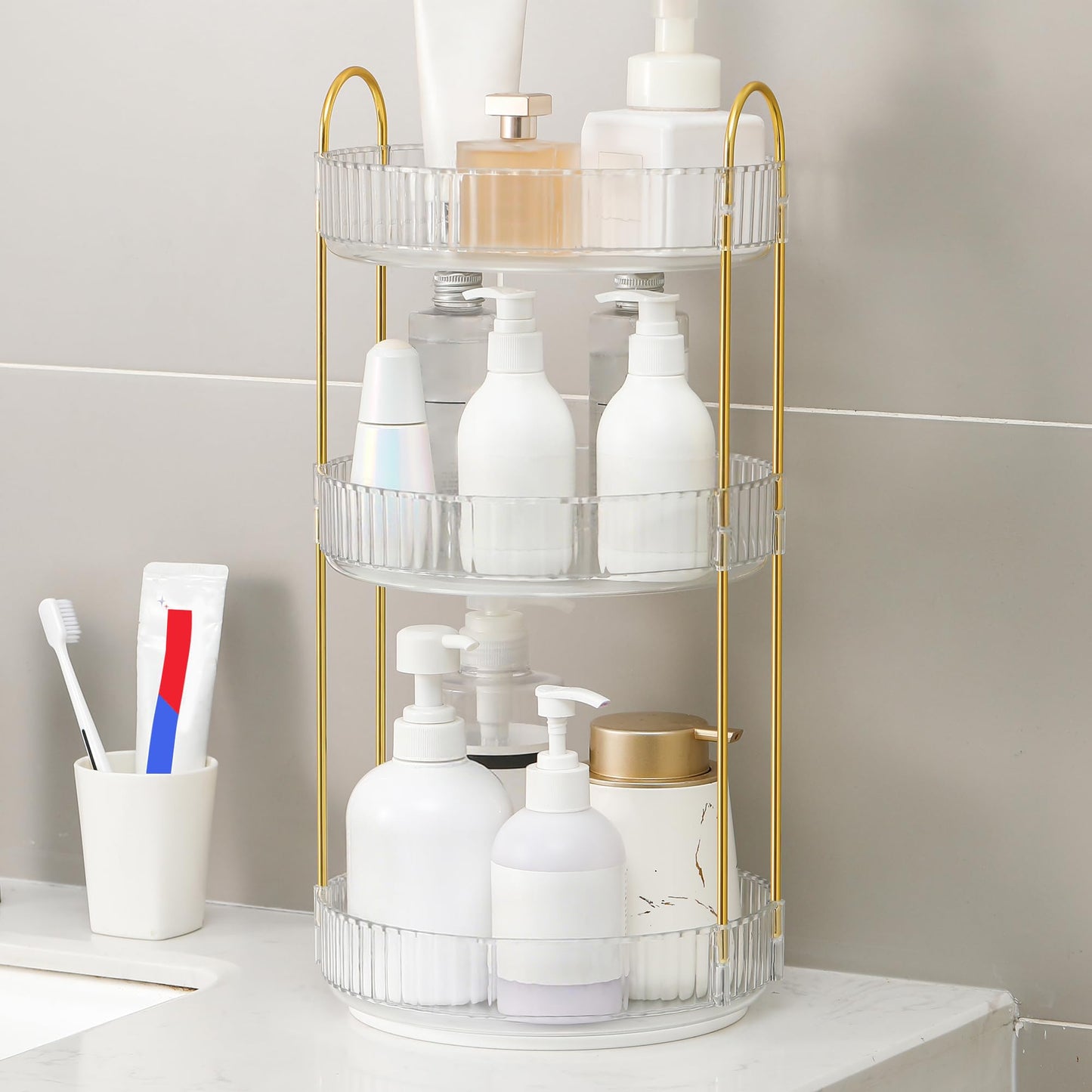 YCIA&DONE 360 Rotating Makeup Organizer and Storage for Vanity Countertop 3 Tiers, High Capacity Cosmetic Skincare Perfume Organizers for Dresser Bathroom Lazy Susan (Clear White)