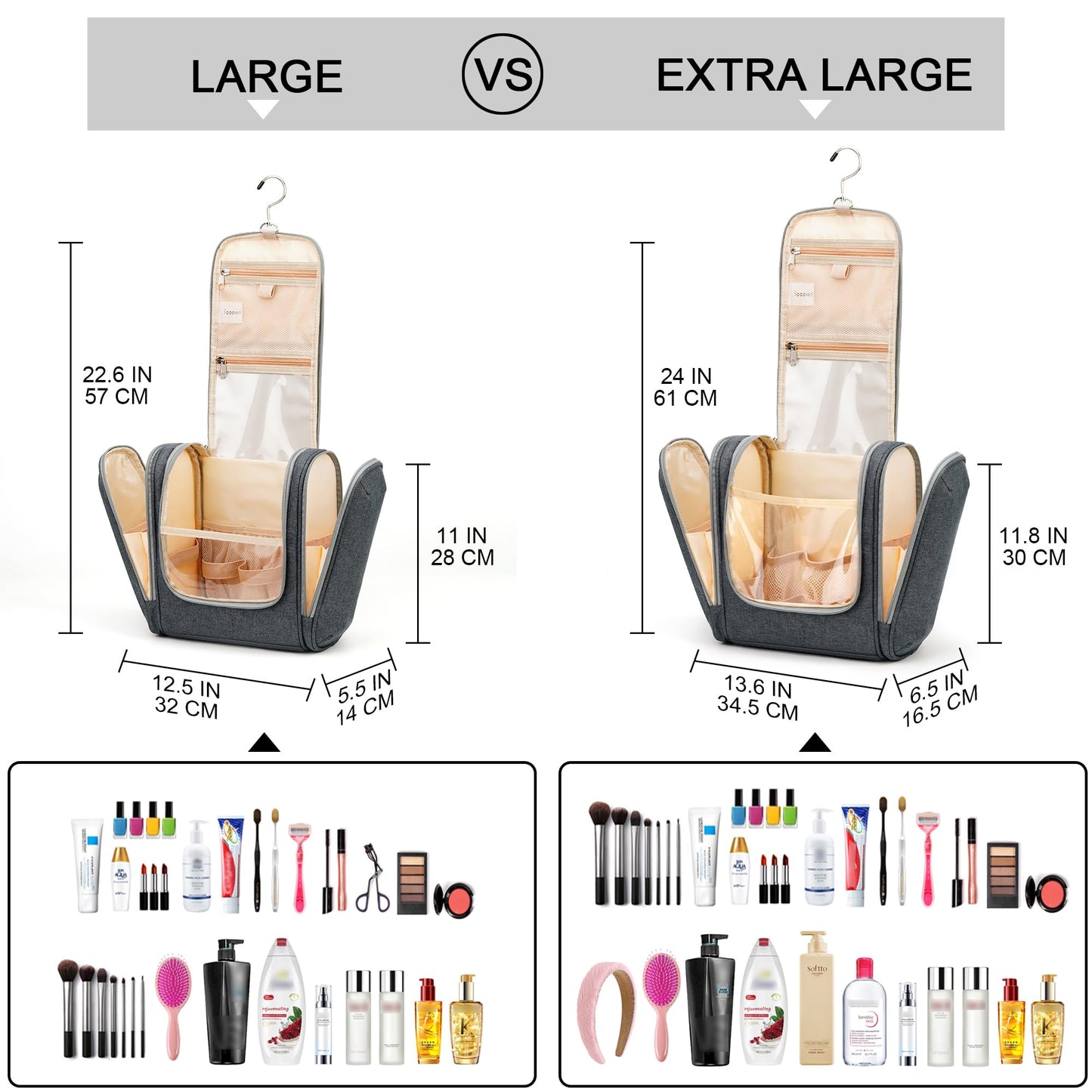 COOSKY Hanging Toiletry Bag for Women & Men, Cruise Ship Travel Essentials, Holds Full Size Shampoo, with Dry and Wet Separation Cosmetic Bag, Makeup Organizer Bag, Bathroom Water-resistant Bag, Grey