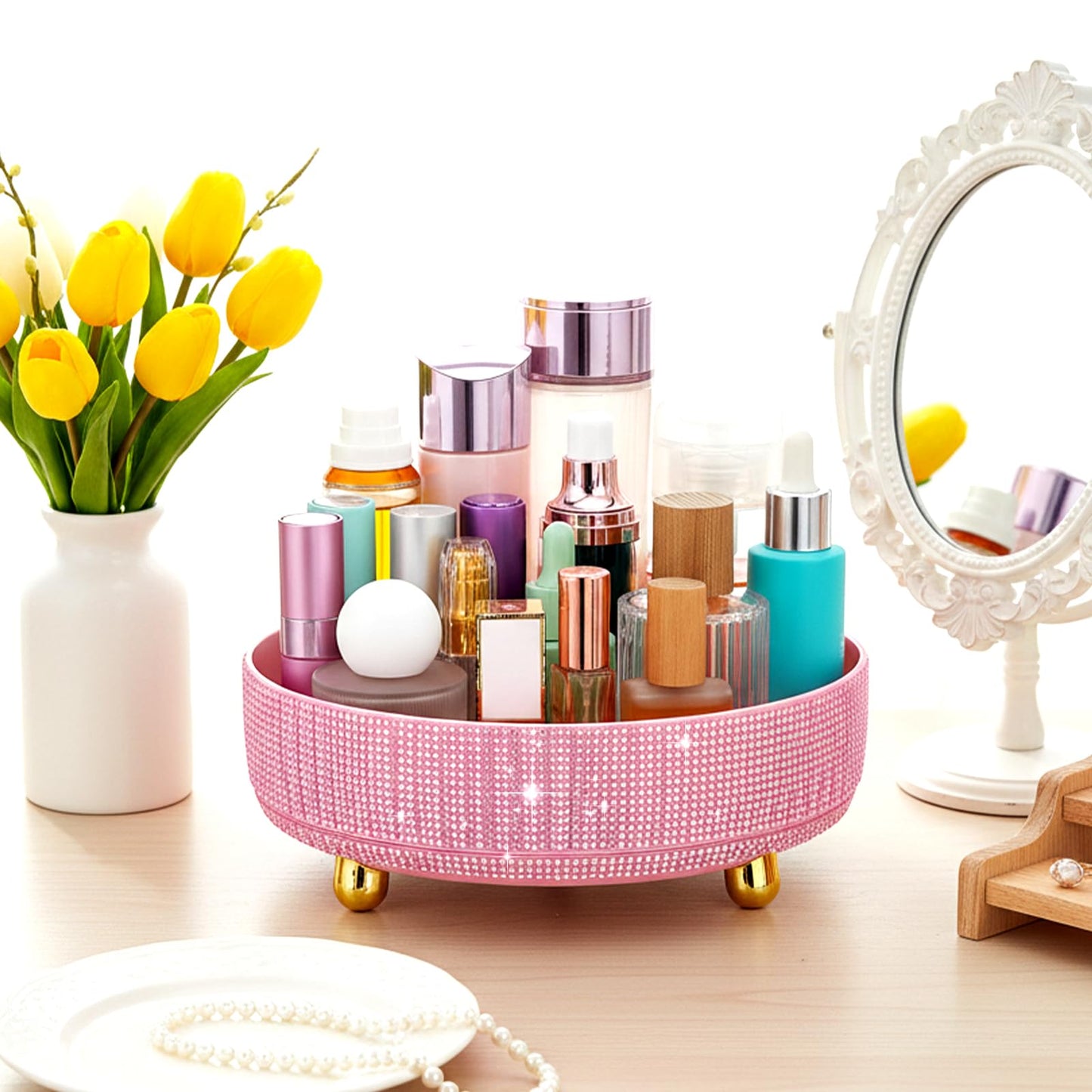 MAQUITA Pink Makeup Brush Holder Bling 360° Rotating Organizer, Perfume Storage for Vanity Countertop with Rhinestone, Gift for Women