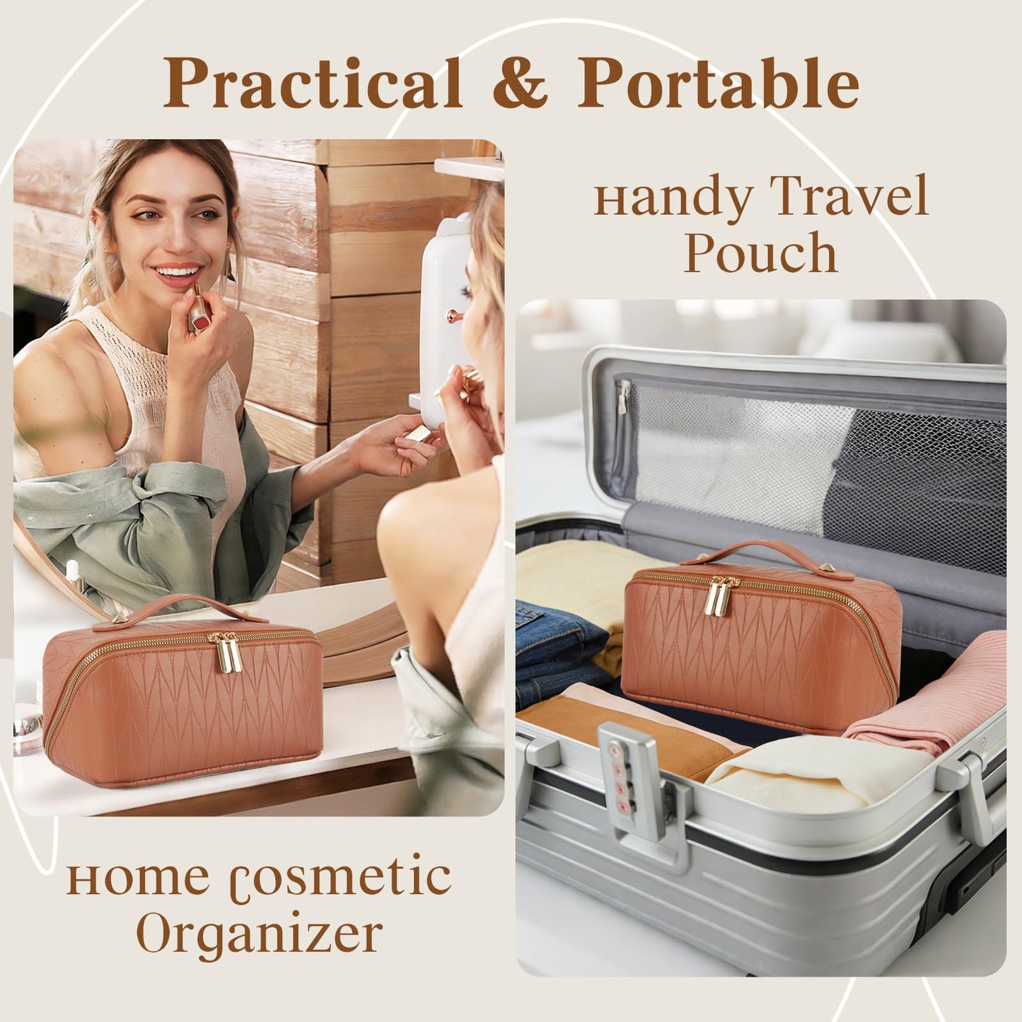 IDELCHOIS Travel Makeup Bag Large Capacity Cosmetic Bags for Women, Waterproof Toiletry Bag Open Flat Makeup Bag with Compartments and Handle, Portable Cosmetic Organizer Pouch, Wheat-Brown