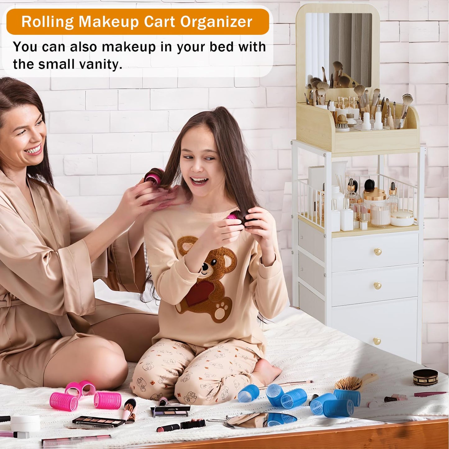 ZQUYAJ Makeup Organizer Cart with Vanity Mirror, Floor Skincare Organizers Make Up Organizers-Vanity Organizer Cosmetic Display Cases Holder for Skin Care Perfume Nail Polish Brush Hair Tool (White)