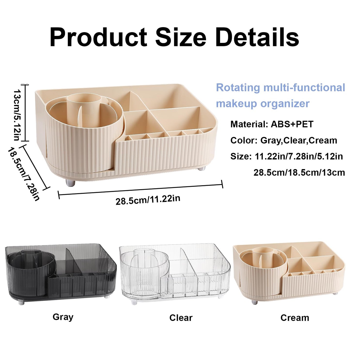 DASITON Large Capacity Makeup Organizer with 360° Rotating Makeup Brush Holder, Multi-Compartment Skincare and Cosmetic Storage for Vanity, Bathroom Countertop, Dresser, Desktop Storage Box (Cream)