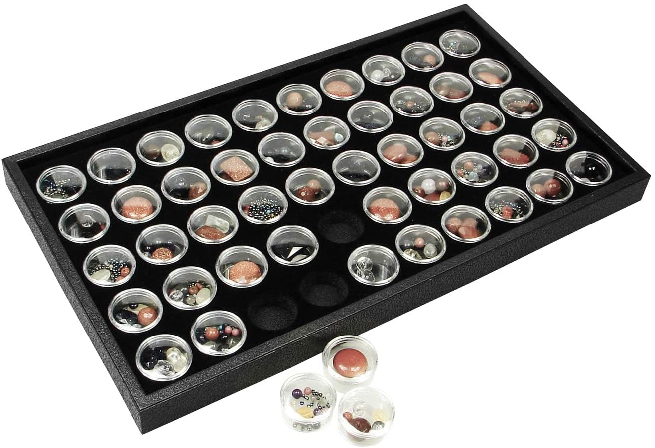 RJ Displays- 50 Black Foam Gem Jars with Tray, Gemstone Display Case with Lids for Gems, Coins, Gem Storage Organizer, Gem Holder, Charm Box, Gem Display Case, Gemstone Storage, 14.5" x 7.8" x 0.75"