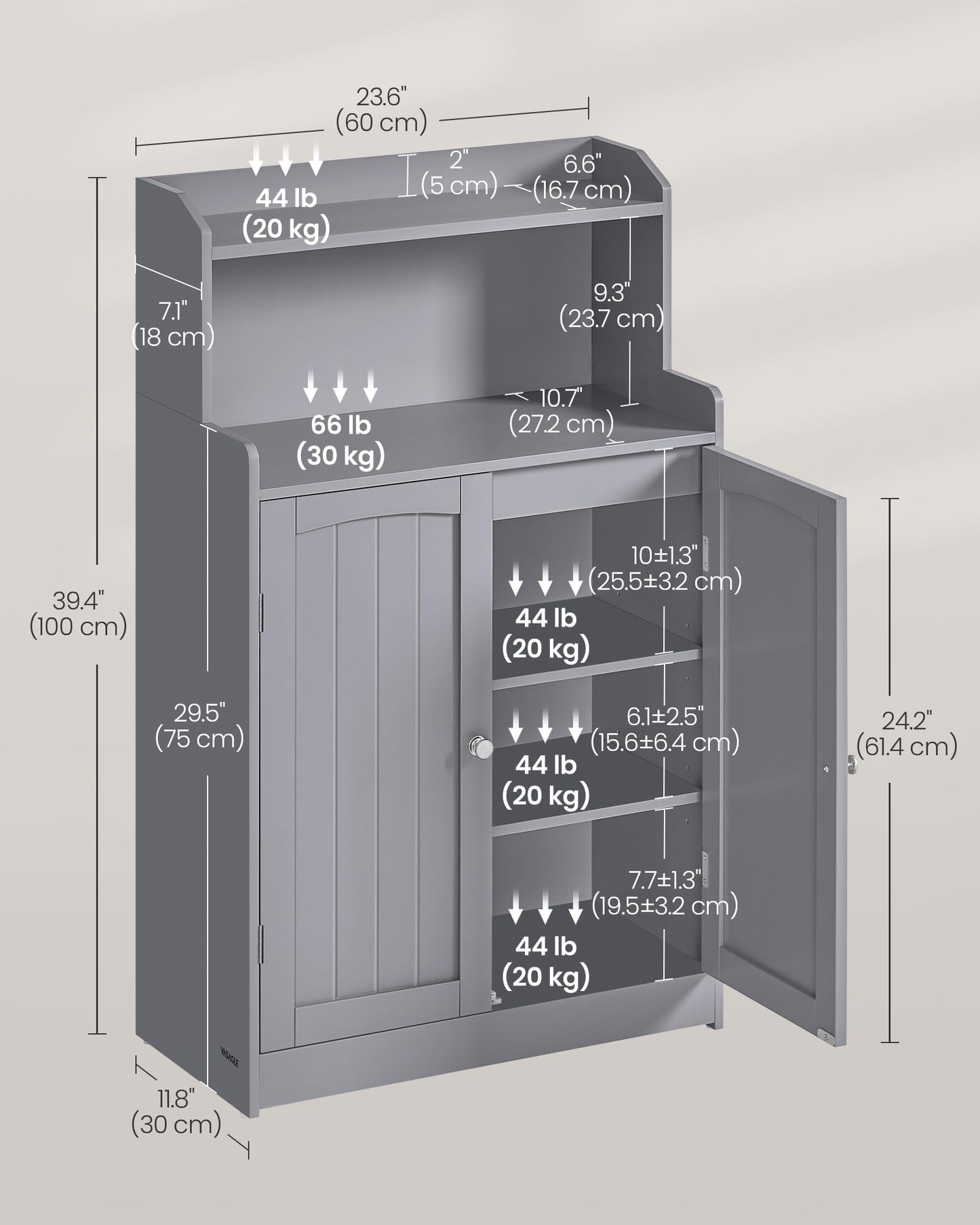 VASAGLE Bathroom Storage Cabinet, Bathroom Floor Cabinet with 2 Doors, 2 Adjustable Shelves, 11.8 x 23.6 x 39.4 Inches, Freestanding, for Dining Room, Kitchen, Living Room, Dove Gray BBC770GD01S