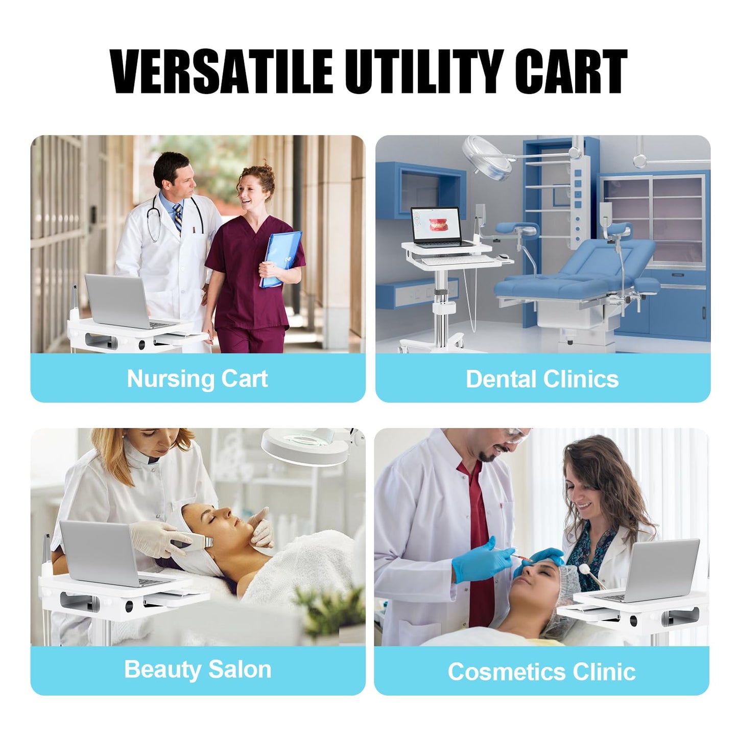 Medical Cart Height Adjustable Rolling Trolley with Oral Scanner Holder & Laptop Tray, for Dental Clinic, Hospital & Beauty Salon