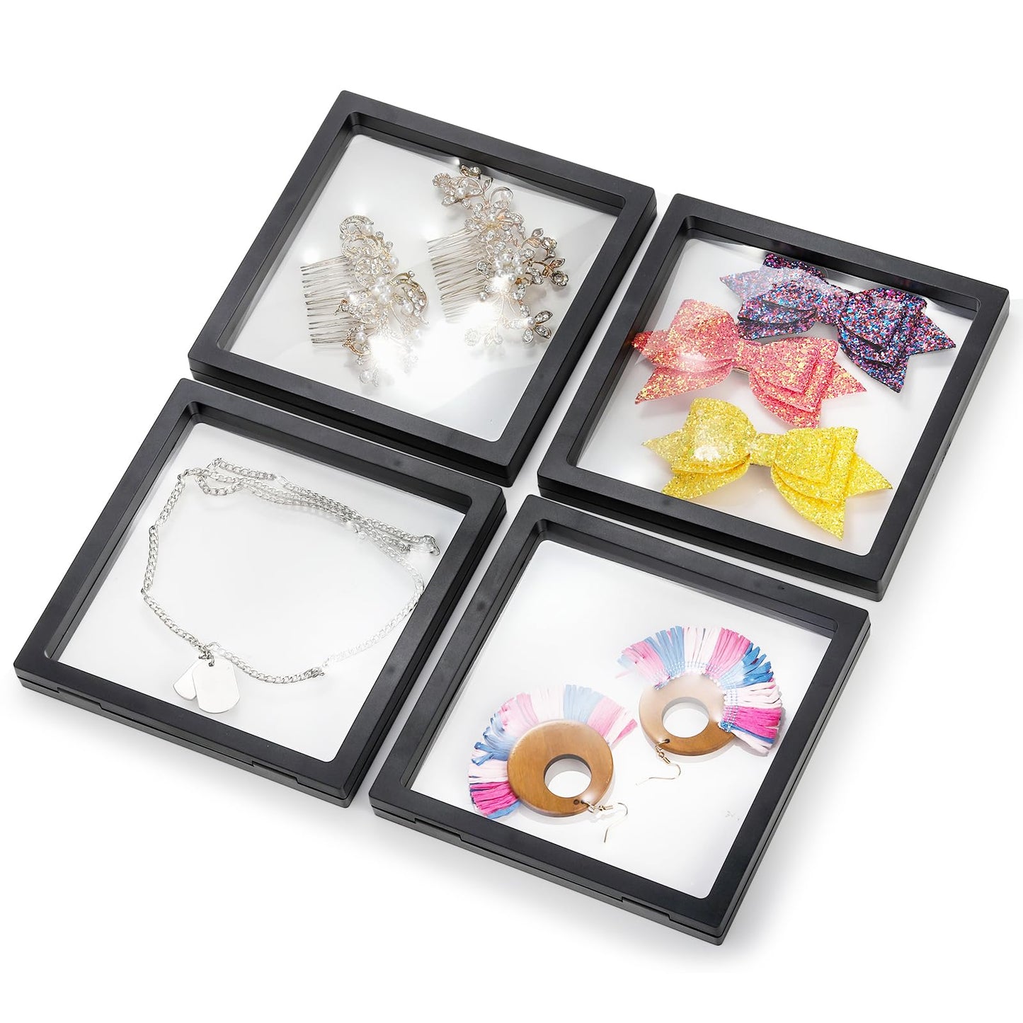 Dicunoy 8 Pack Large 3D Floating Display Case, 6" Black Rock Display Frames with Stands for Badges, Challenge Coins, AA Medallion, Megladon Tooth, Jewelry, Shells, Fossils, Gems, Minerals, Pins