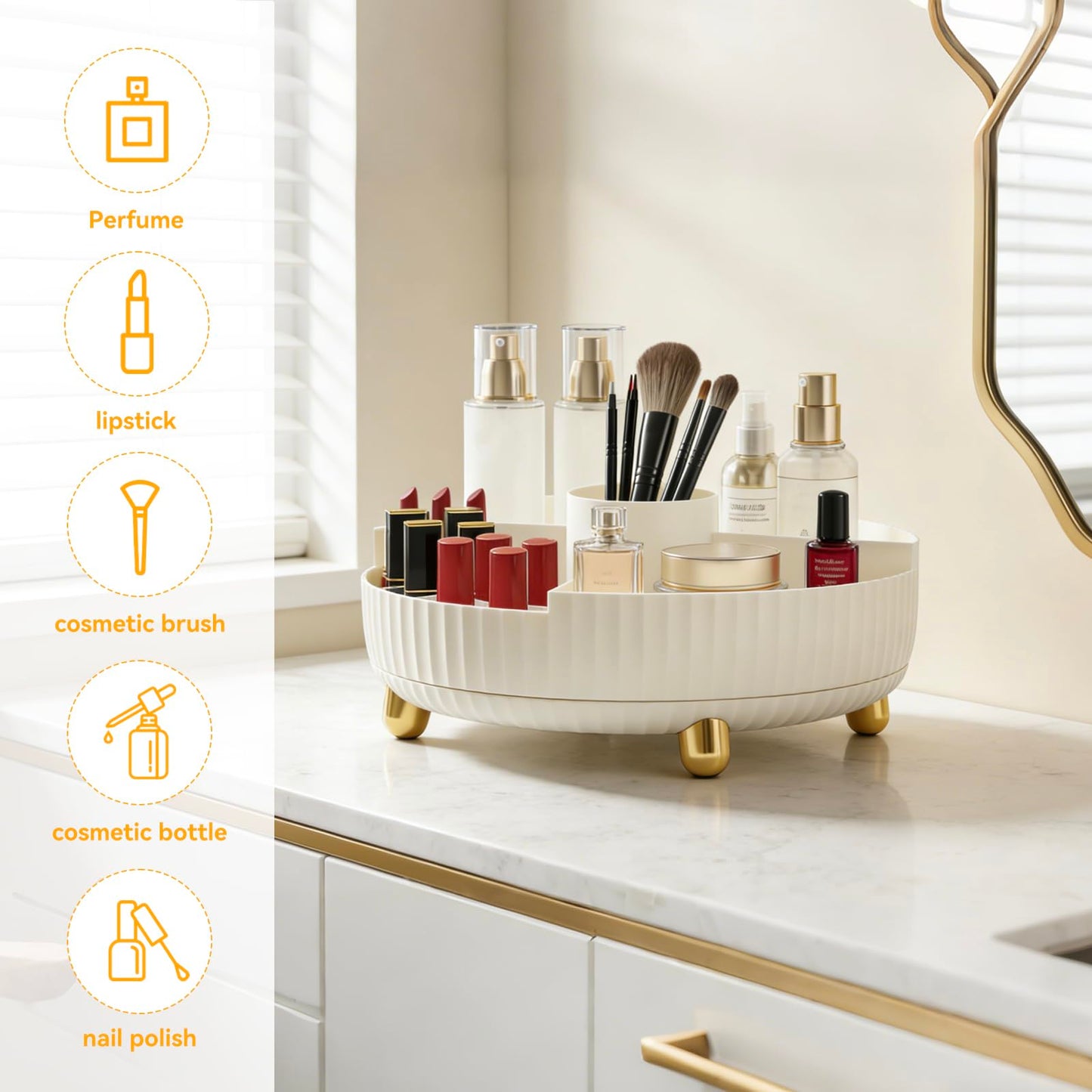 MAQUIRENZ Rotating Makeup Organizer for Vanity Large Capacity Skincare Organizers,Bathroom Counter Organizer, Spinning Perfume Organizer & Dressr Organizer, White