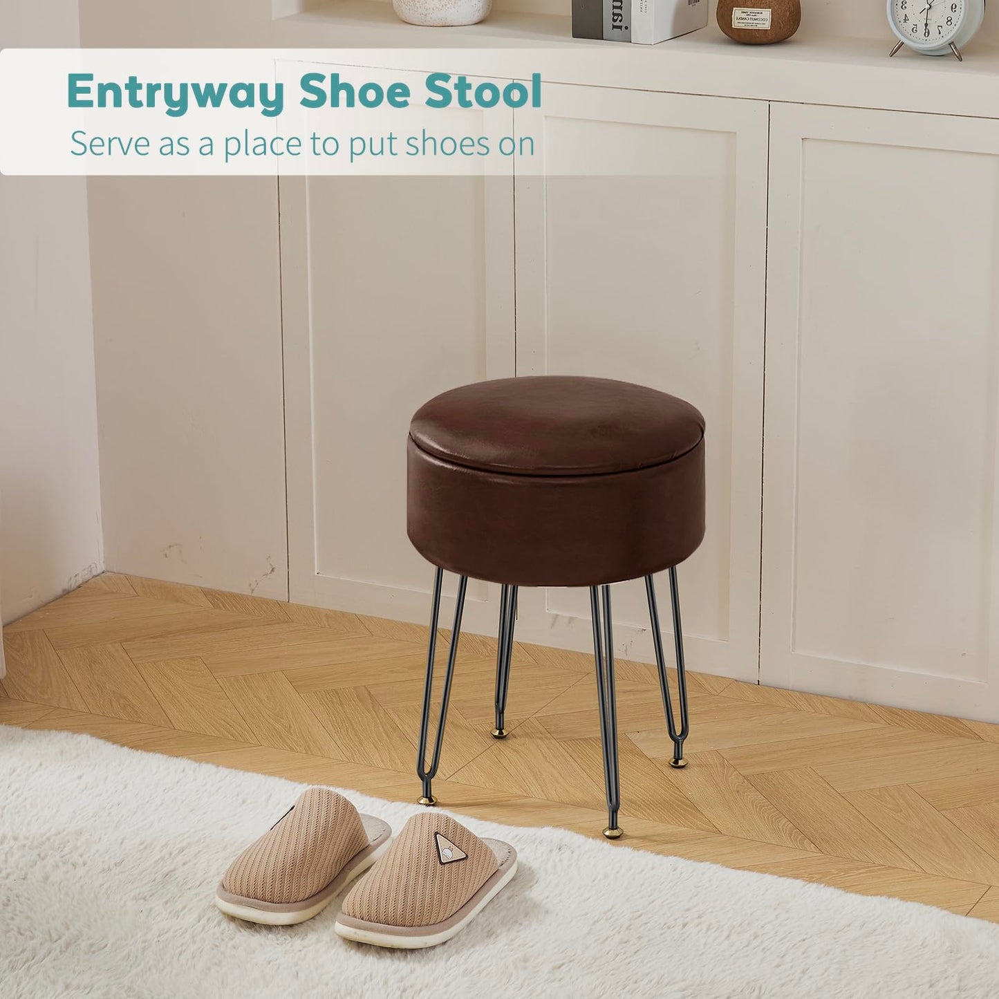 BRIAN & DANY Vanity Stool, Leather Vanity Stool Chair with Storage, Round Makeup Chair Soft Padded Seat with Legs for Bedroom (Brown)