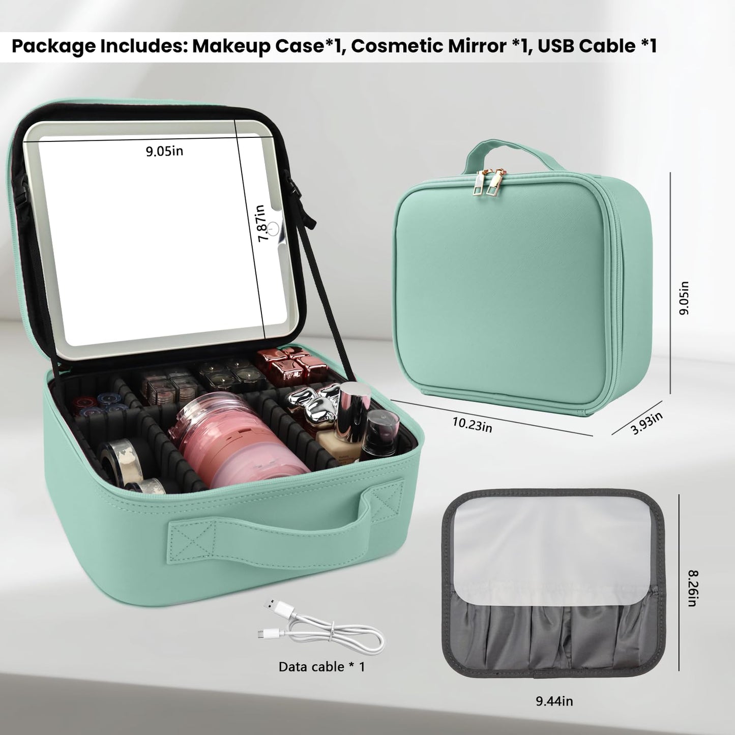 SUILU Travel Makeup Bag with LED Mirror and Light Makeup Travel Bag Organizer Portable Cosmetic Brush Organizer Bag with Adjustable Dividers for Cosmetics Makeup Brushes Toiletry (Light Green)