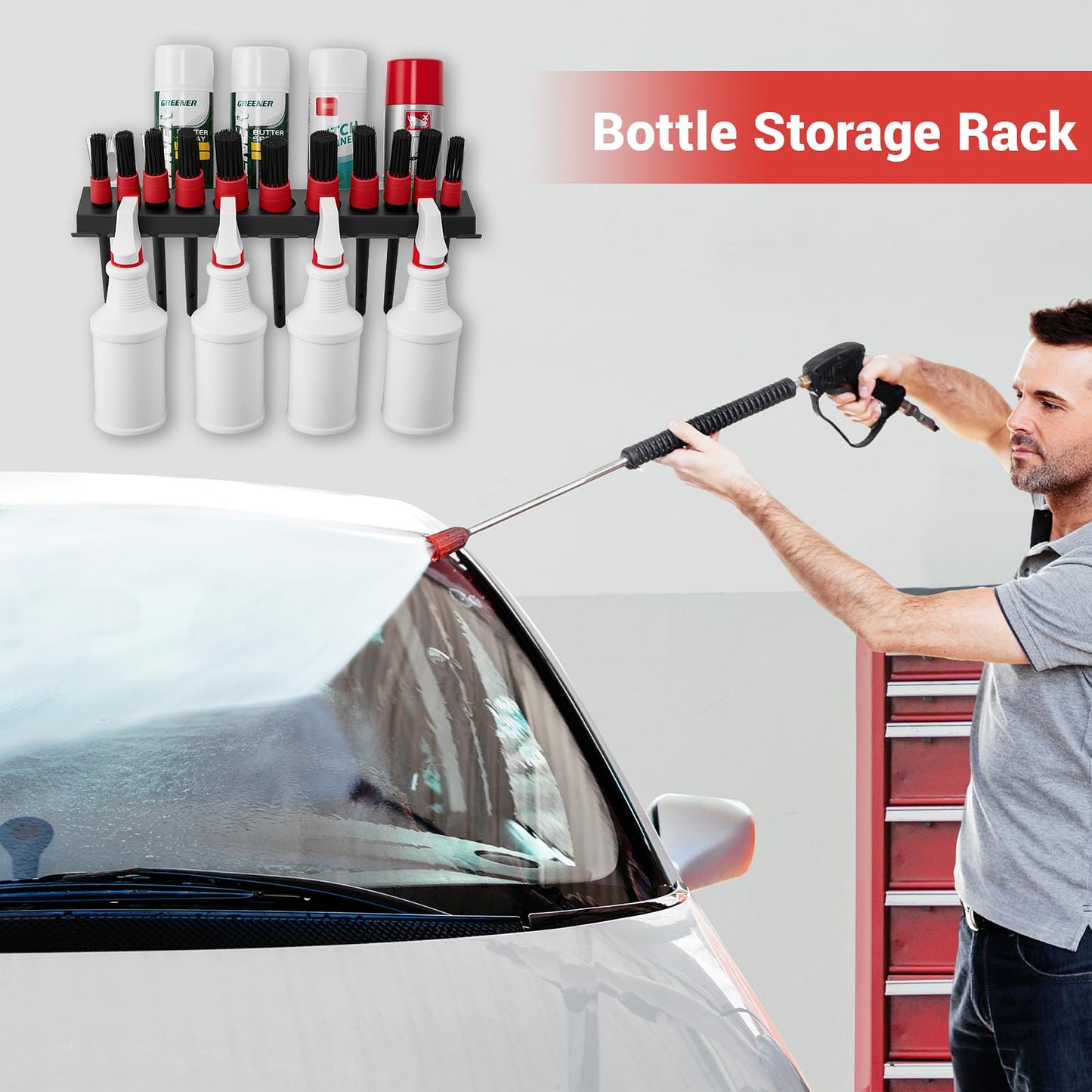 Car Cleaning Brush and Spray Bottle Storage Rack, Wall Mount Bottle Organizer Detailing Brush Organizer Holder,Car Beauty Shop Accessory Display,Spray Containers Tool for Auto Repair Shops Garages