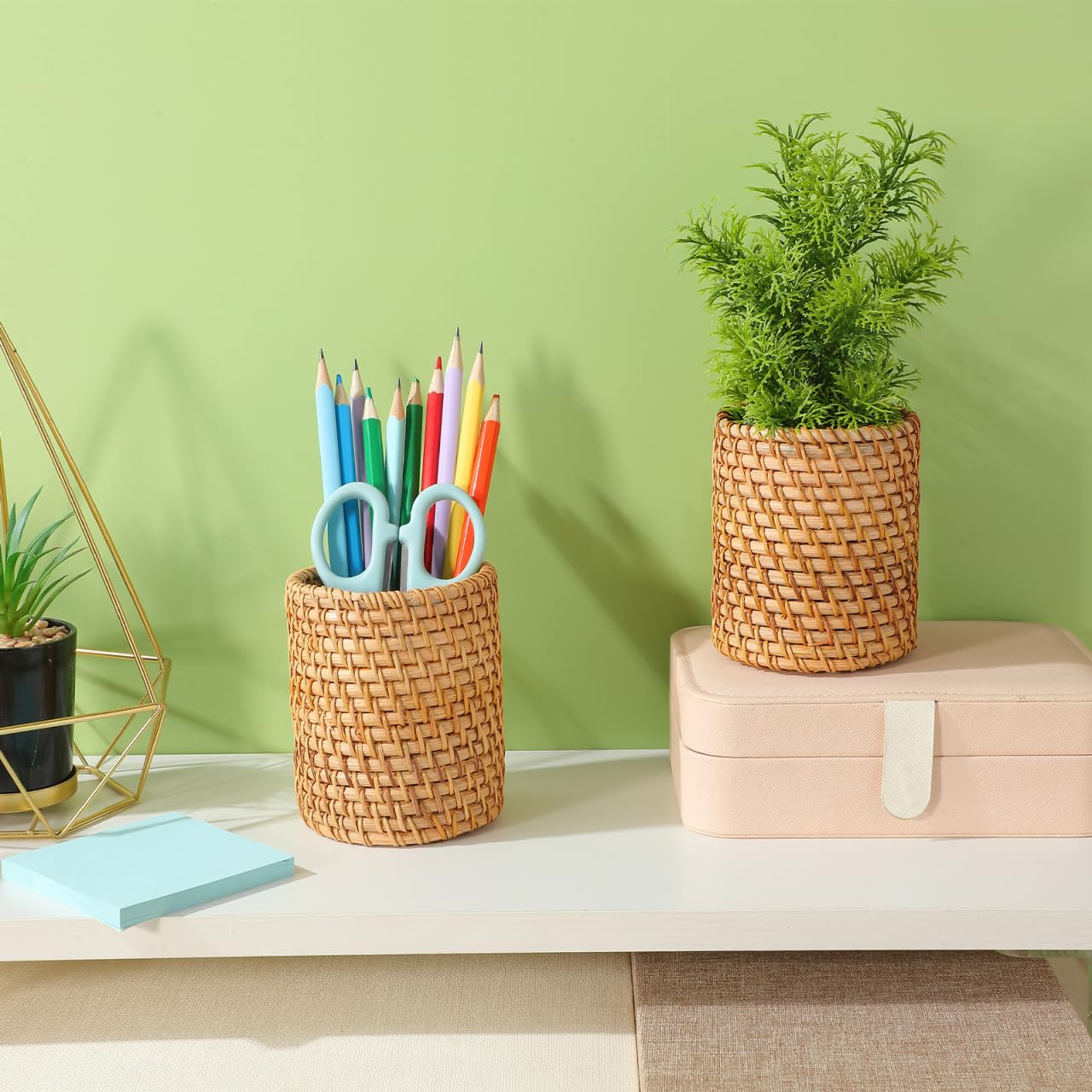 SEWACC 2pcs Rattan Pencil Holder, Handmade Wicker Pen Cups, Boho Pencil Organizer, Makeup Brush Storage for Desktop, Home Office Use