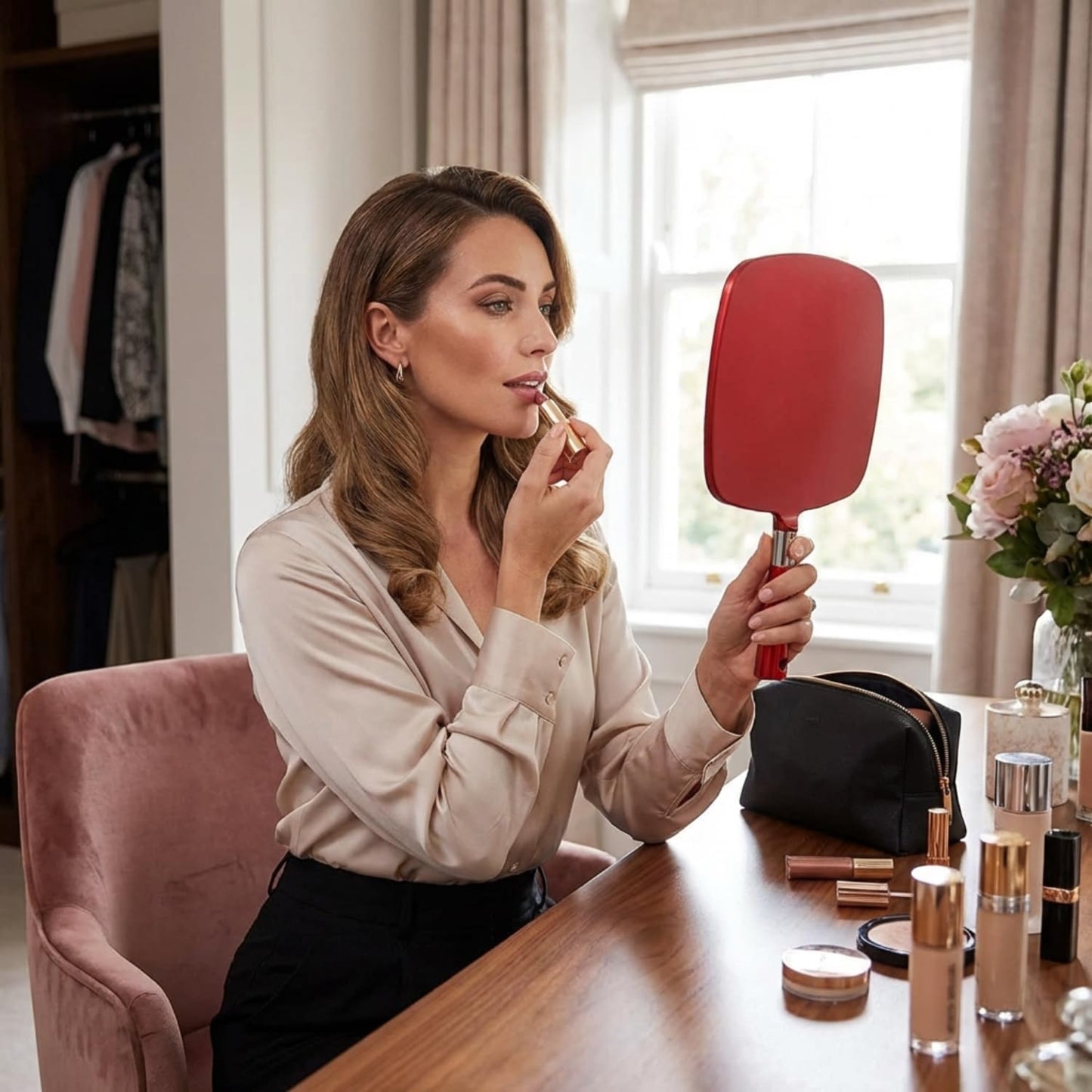 MIRRORVANA Professional Large & Comfy Hand Mirror with Ergonomic Handle for Women - Premium Sparkling Red Model (1-Pack)