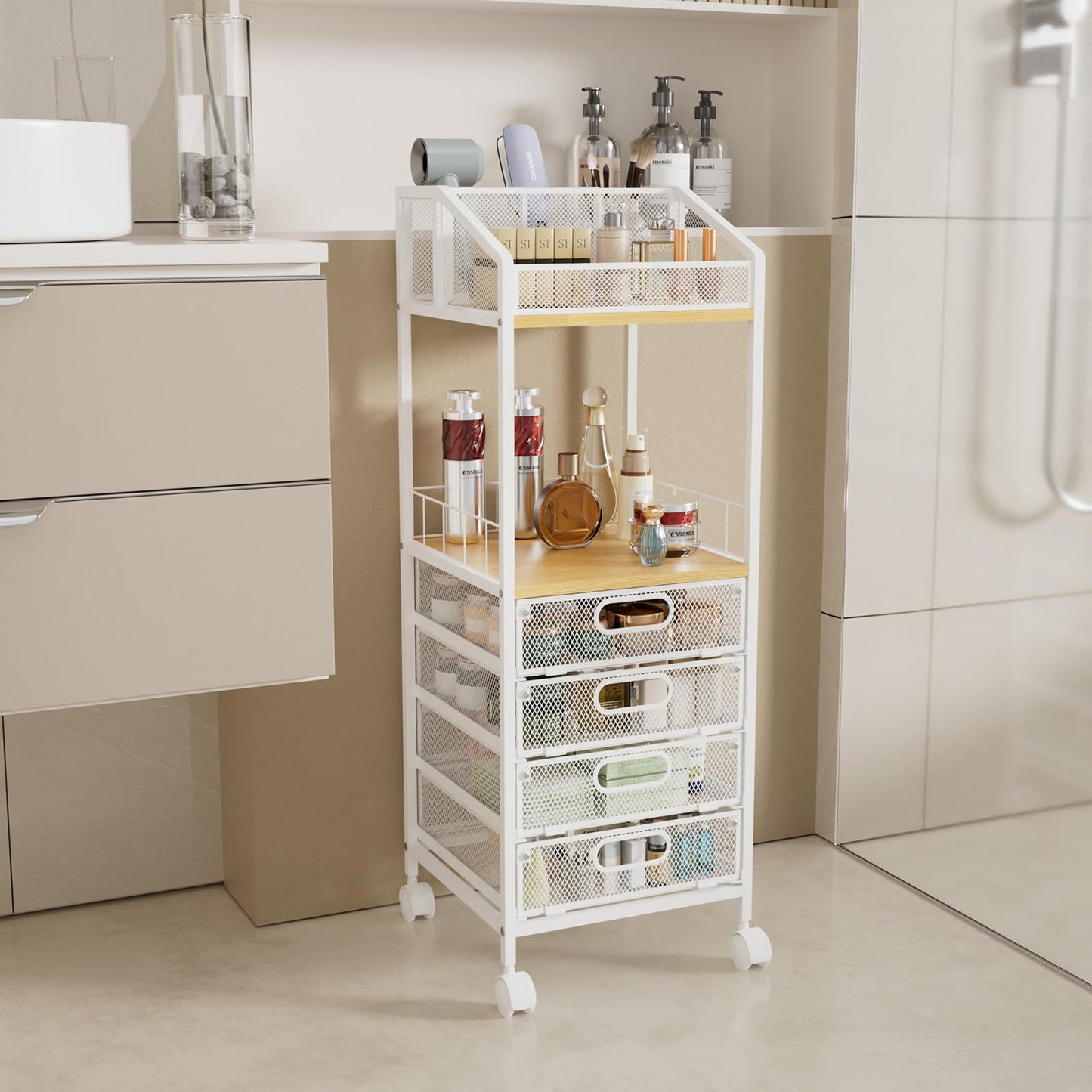 HapiRm Rolling Cart Makeup Organizer - Metal Makeup Cart with Wheels and Drawers for Small Spaces & Messy Vanities, Space-Saving Beauty Cosmetics Cart Storage Cabinet Stand for Perfume Hair Tools