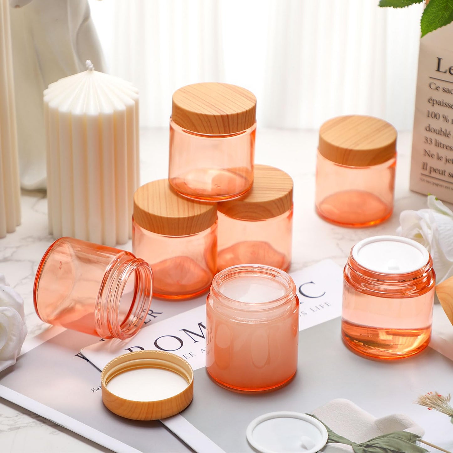 Norme 24 Pcs 4 oz Glass Jars with Lids Empty Small Glass Containers and Inner Liners Reusable Cosmetic Jars Round Airtight Bottles with Plastic Woodgrain Lids for Storing Lotion (Coral Pink)