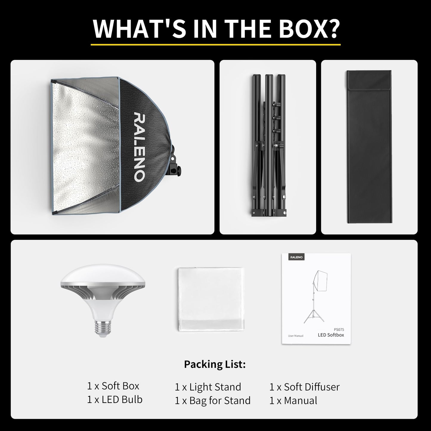 RALENO Softbox Photography Lighting Kit, 16'' x 16'' Softbox Lighting for TikTok with LED Bulb (50W | 5500K | 97 CRI | TLCI≥97), Continuous Light for Video Recording & Photography Shooting