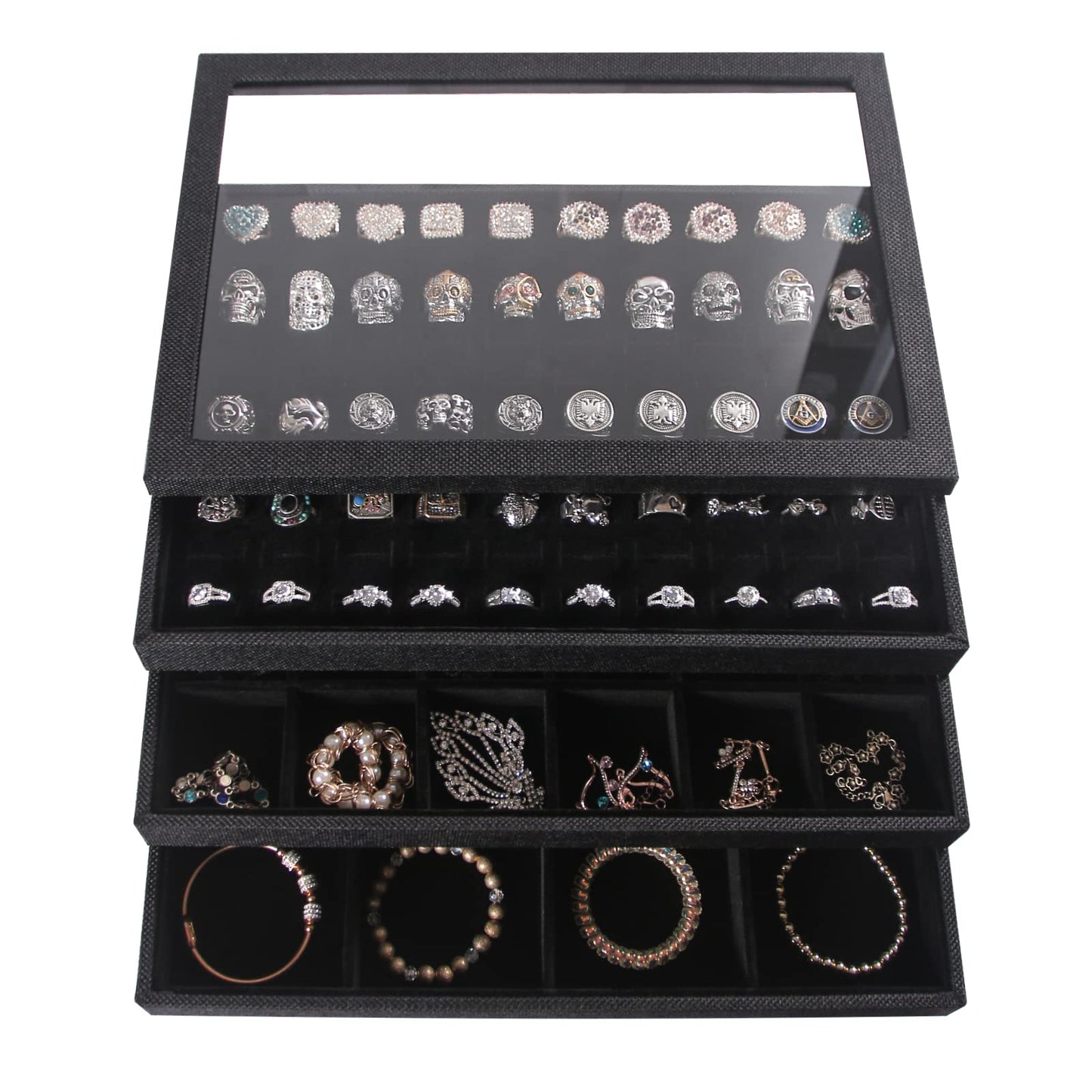 Julysky 4 Pcs/set Stackable Jewelry Organizer Trays with Glass Lid,100 Slots Ring Holder,Bracelet Displays Stand for Selling Necklace Earring Rack
