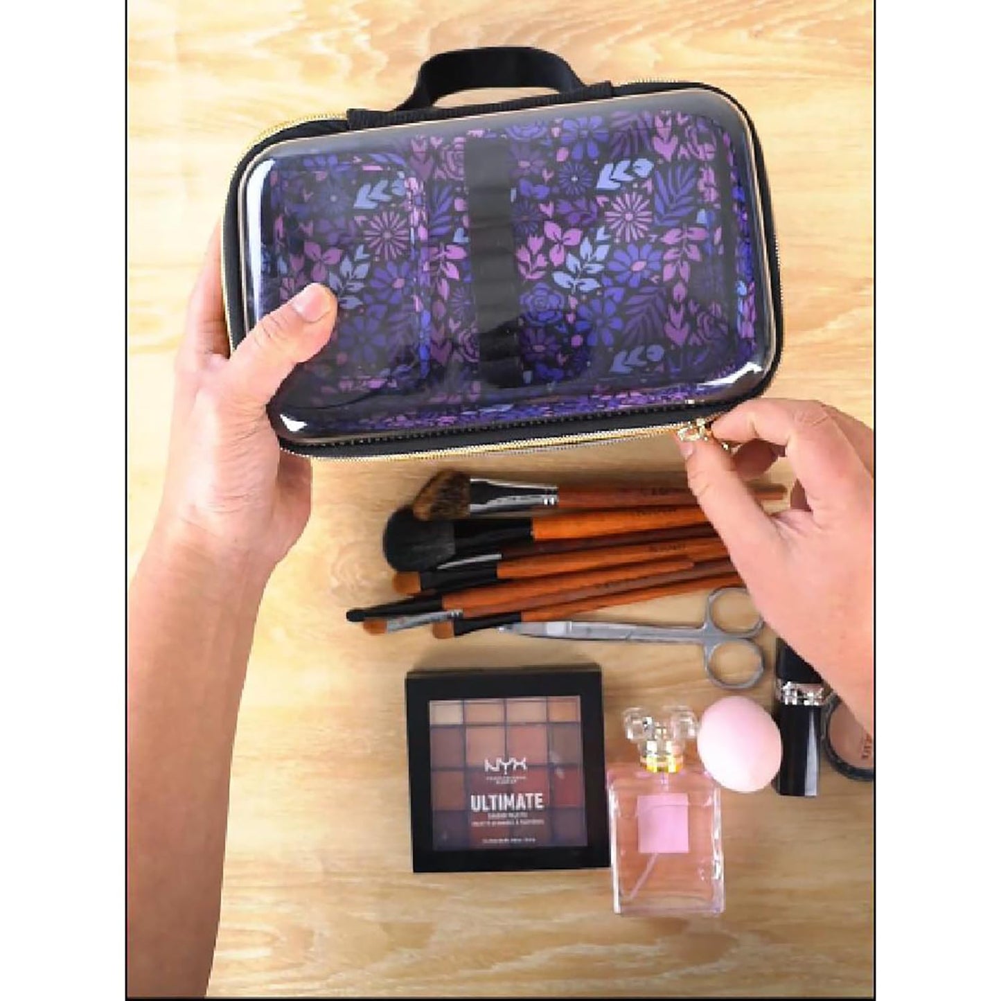 ZIPIT: Travel Makeup Bag - Black & Purple Flowers - Protective Hard Shell, Large Cosmetic Case, Transparent Zipper Lid, Handle, Toiletry Organizer