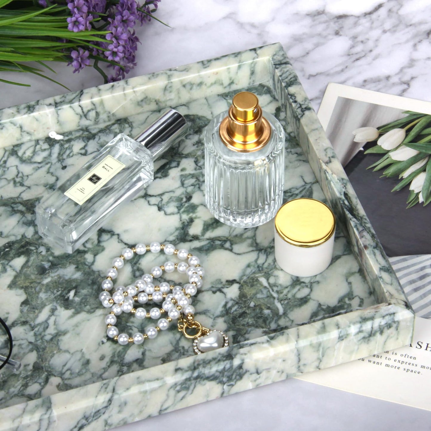 Marble Bathroom Vanity Tray, Natural Luxury Vanity Home Kitchen Bathroom Table Tray, Stone Decorative Countertop Dresser Trays for Key Coffee Perfume Jewelry Makeup (Green Texture, 12"x 8" x1.2")