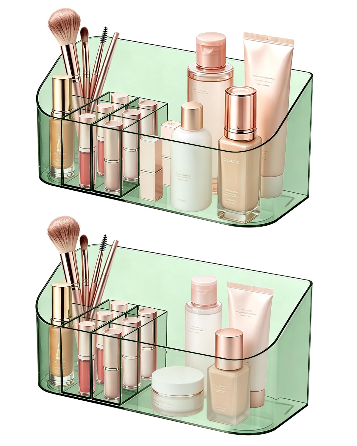 SUNFICON 2 Pack Makeup Trays Organizers Holders Cosmetic Display Cases Tabletop Desktop Vanity Countertop Bathroom Wall Cabinet Medicine Storage Boxes for Womens Ladies Girls Crystal Green