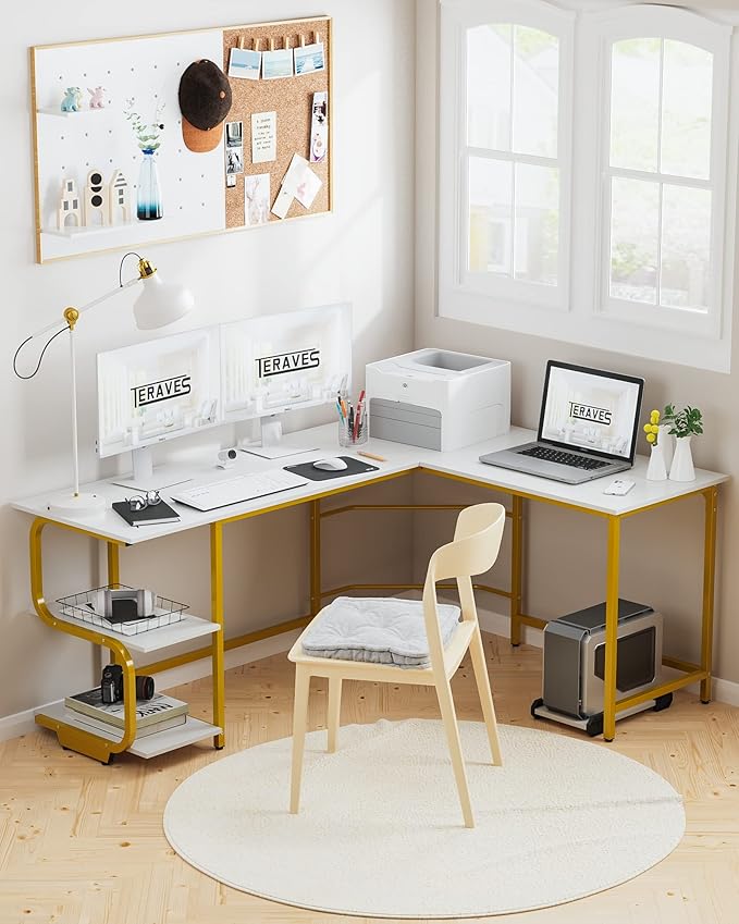 Teraves Reversible L Shaped Desk with Large Surface, 69 Inch Sturdy Corner Desk with Storage Shelves, Premium Office Computer Desk Workstation for Home Office Gaming
