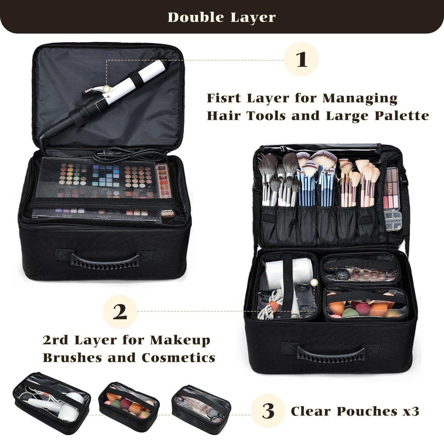 Costravio Makeup Bag Organizer Large Makeup Case Backpack Professional 2 Layers Cosmetic Storage Organizer Brush Slot with 3 Clear Set Bags for Makeup Artists with Shoulder Strap Adjustable Dividers