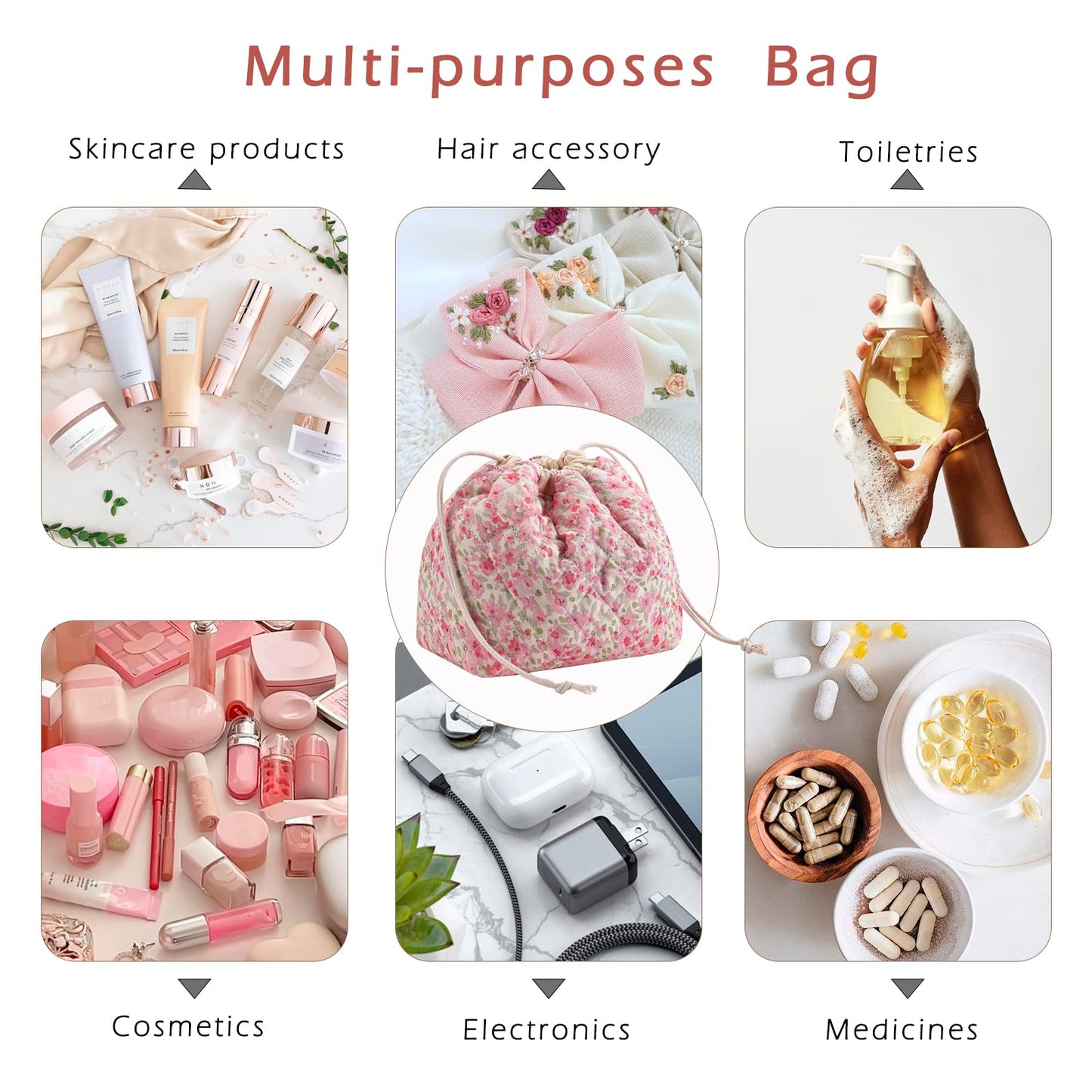 Cotton Quilted Drawstring Makeup Bag with Canvas Lining,Coquette Aesthetic Cute Travel Toiletry Bag,Drawstring Gift Bag for Women and Girls(18 Watercolor Pink Flower)