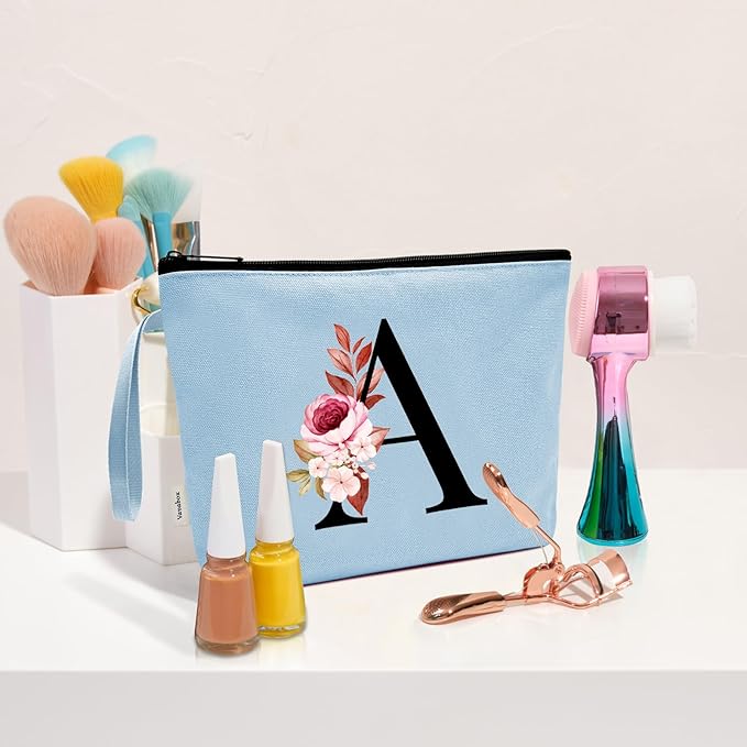 Vavabox A-Z Personalized Makeup Bag, Birthday Gifts for Women Mom, Gifts for Best Friend, Bride Bridesmaid Cosmetic bag (D, Blue)