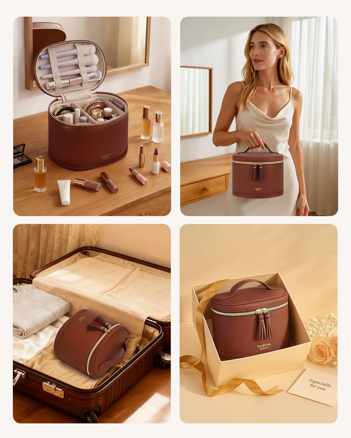 Wandering Nature Travel Makeup Bag for Women, Structured Vanity Case with Wipe-Clean EVA Interior & Removable Divider, Brush Loops, Fold-Flat PU Leather Makeup Case with Handle