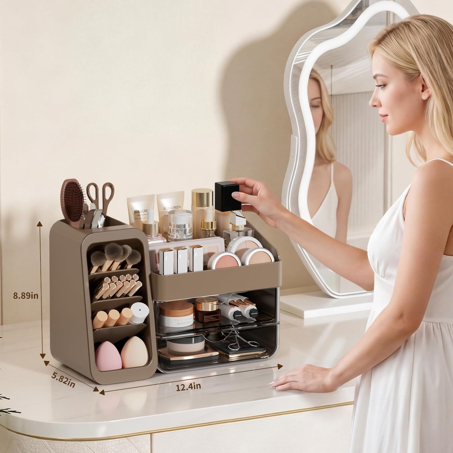 Makeup Organizer with Adjustable Brush Holder for Vanity, Large Skincare Organizer for Bathroom Countertop, Cosmetic Display Case with Drawers, Multi-Function Storage for Perfume, Lipstick, Palettes
