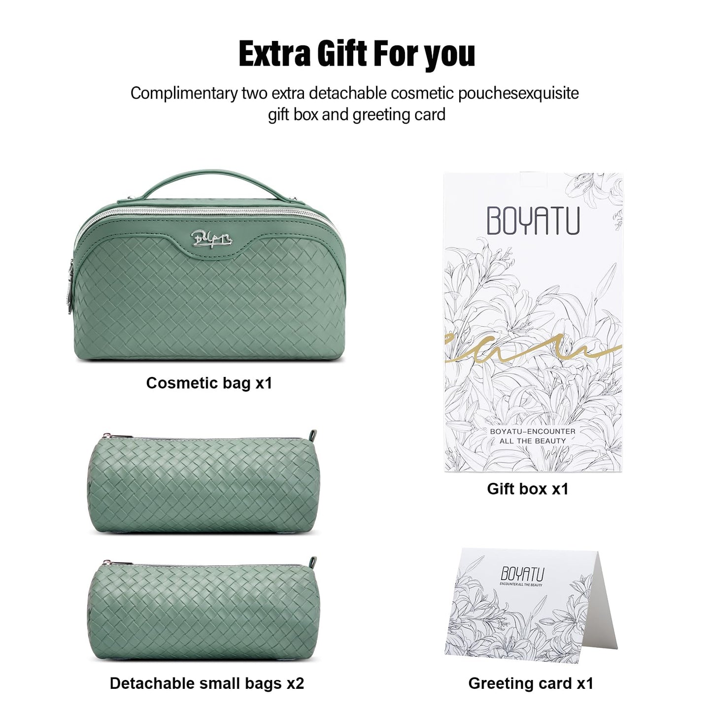BOYATU Travel Makeup Bag Cosmetic Bags for Women: Large Capacity 3 Pcs Set Make up Bag with Compartments - Waterproof Vegan Leather Toiletry Organizer Bags with Handle (L10 Grass Green)