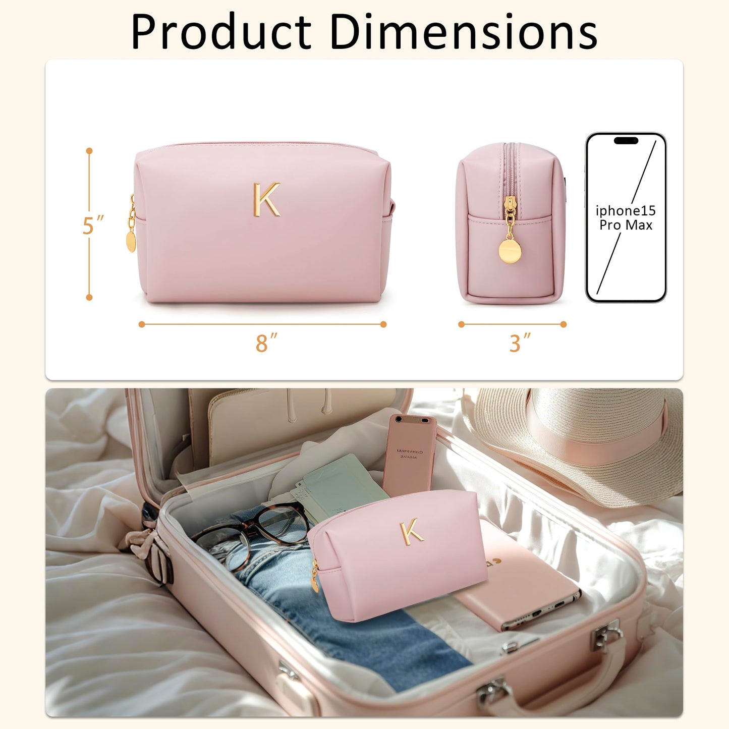 CLOUDWINGS Gifts for Women Bridesmaid Gifts Personalized Initial Makeup Bag PU Leather Cosmetic Waterproof Travel Toiletry Bag (Pink K)