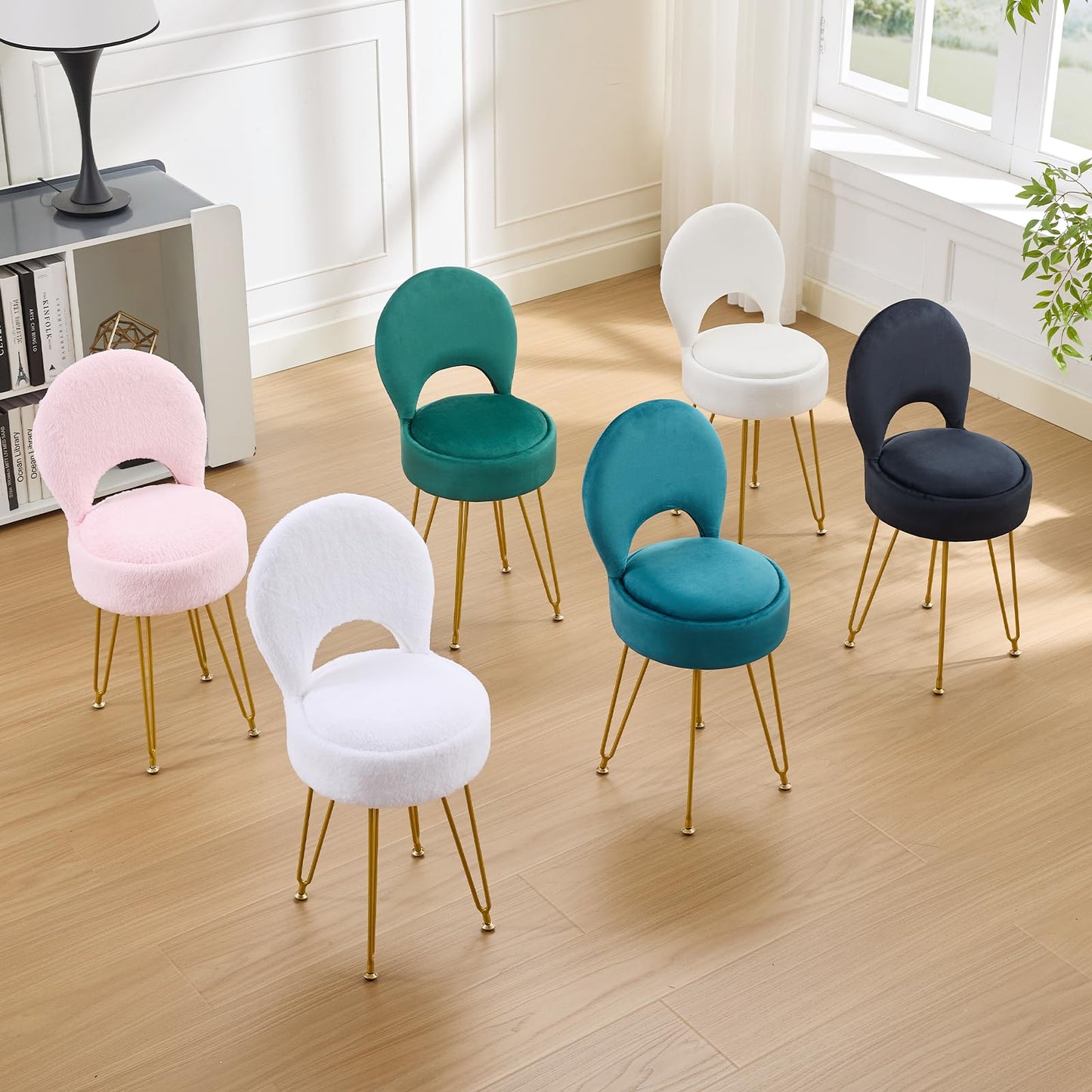 RUCUKEN Faux Fur Pink Small Vanity Chair & Stool - 13" Dx13 W Folding Back Storage Ottoman, Anti-Slip Golden V-Leg for Bedroom Makeup Room