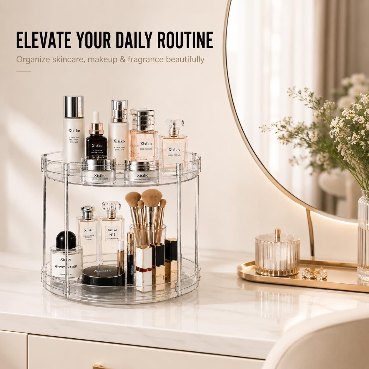 360° Rotating Bathroom Counter Organizer, 2 Tier Clear Makeup Organizer Vanity Storage for Skincare Perfume Cosmetics, Lazy Susan Spinning Storage for Bathroom Vanity Kitchen