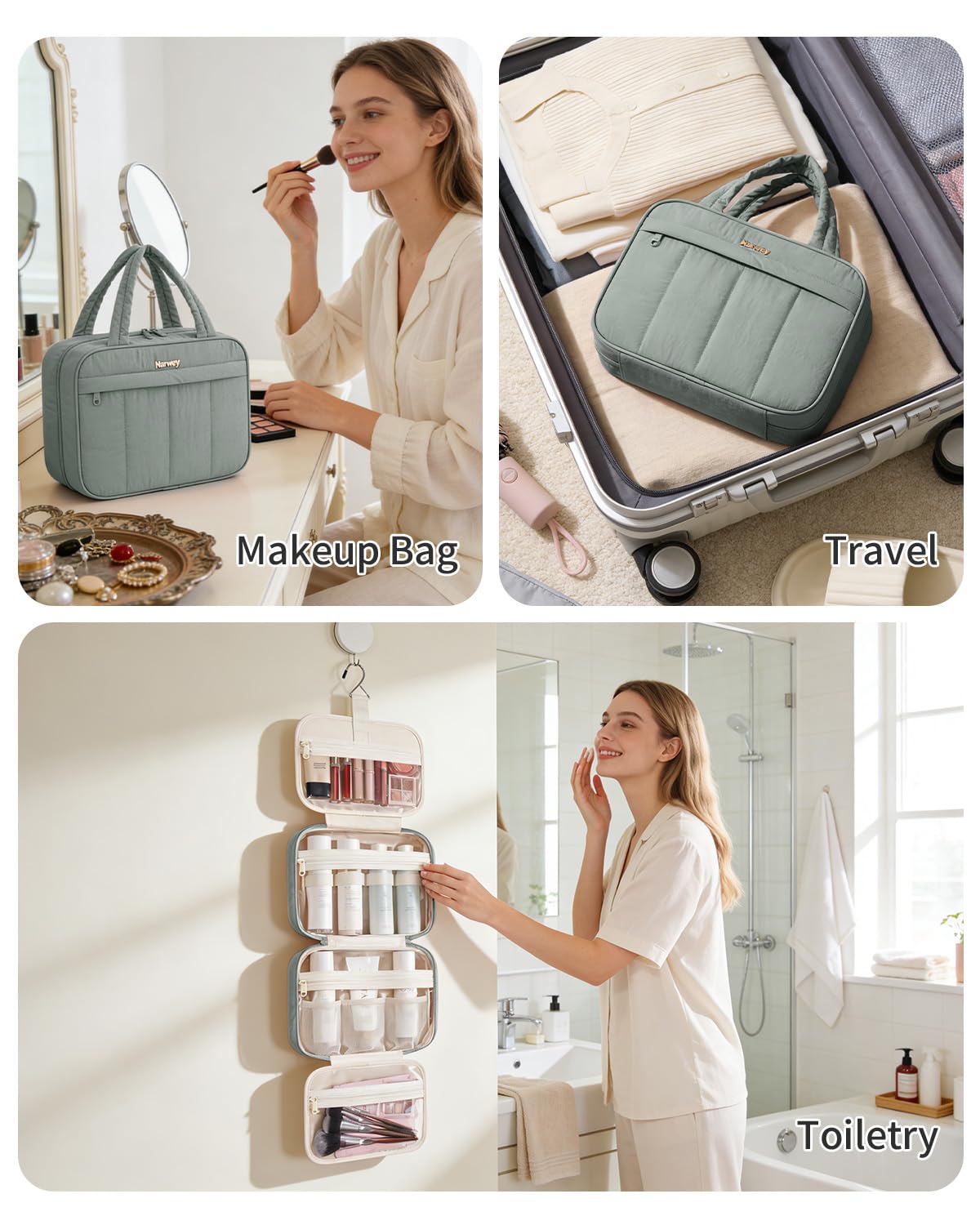Narwey Hanging Travel Toiletry Bag for Women, Quilted Makeup Bag Organizer with Handle, Travel Bathroom Bag, Portable Toiletries Bag for Essentials, Accessories, Brushes, Cosmetics (Sage Green)