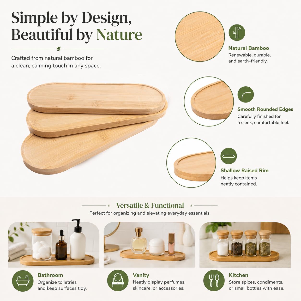 RVXHUA 3 PCS Bamboo Vanity Tray, 11 x 4 Inch Bamboo Serving Tray Set with Raised Rim, Small Wood Organizer Trays for Coffee, Snacks, Dessert, Bathroom Vanity, Kitchen Counter, Desk Decor - Oval