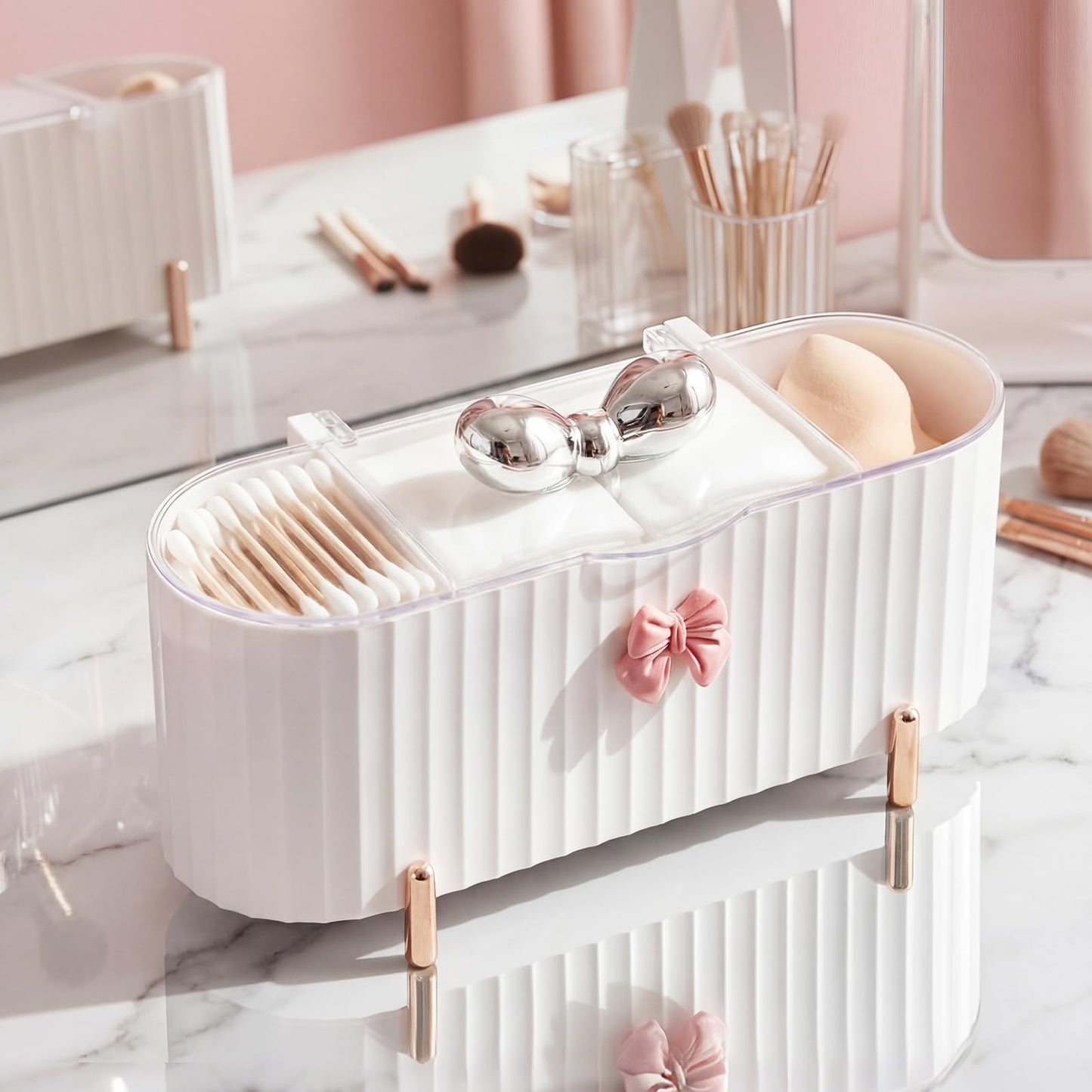 Hushee Coquette Makeup Organizer, 3 Compartment Cotton Pad Holder Dispenser Compatible with Qtip with Bow Cute Ribbed Vanity Storage Box with Clear Lid and Silver Handle for Bathroom Countertop