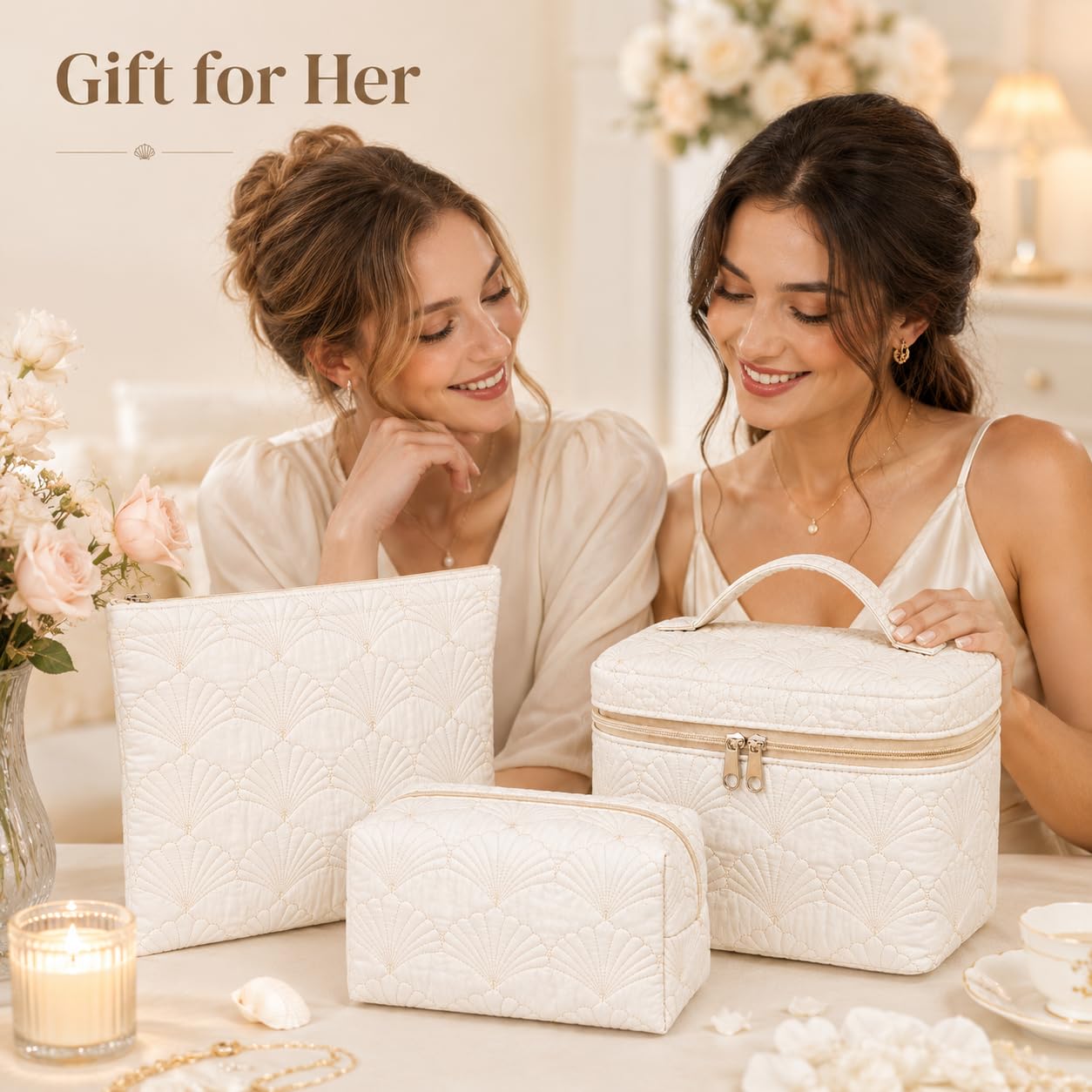 A Lots MiLi 3 Pcs White Shell Quilted Makeup Bag Set - Coquette Cotton Cosmetic Bags for Women, Coastal Makeup Pouch, Large Travel Toiletry Bag for Makeup, Skincare and Purse Essentials