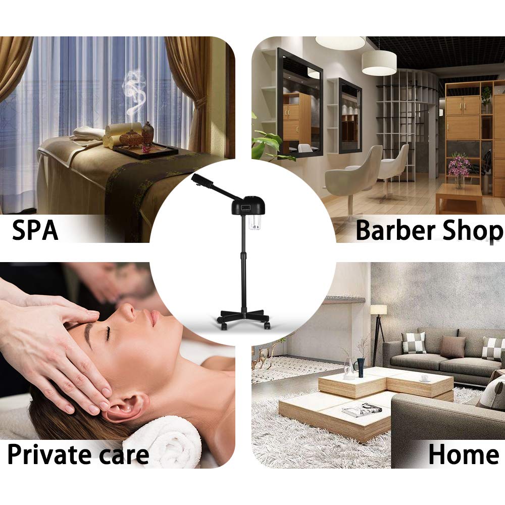LCD Facial Steamer Professional for Clean Skin, Skin Care Use at Home, Beauty Salon, Spa with Hot Mist, Timer Function, Adjustable Height, Rolling Wheels - Black